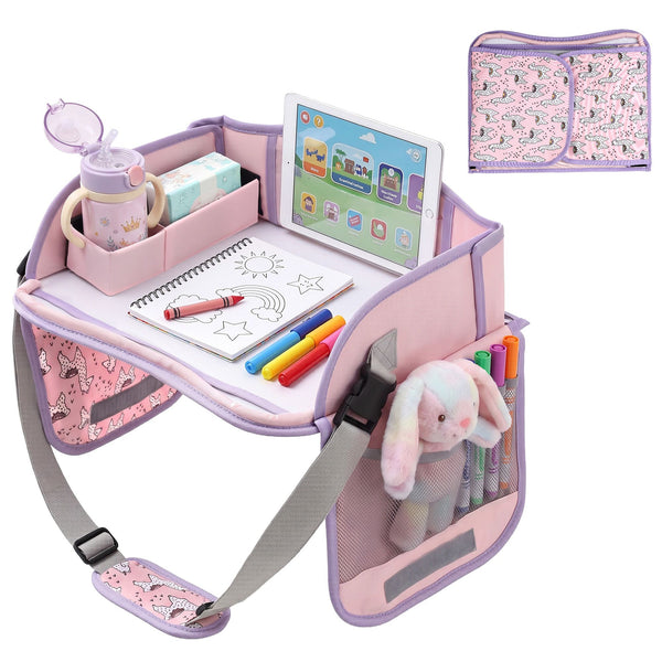Keezi Kids Travel Tray Car Seat Lap Desk Portable Car Desk Organiser for Car & Airplane Pink Awezingly