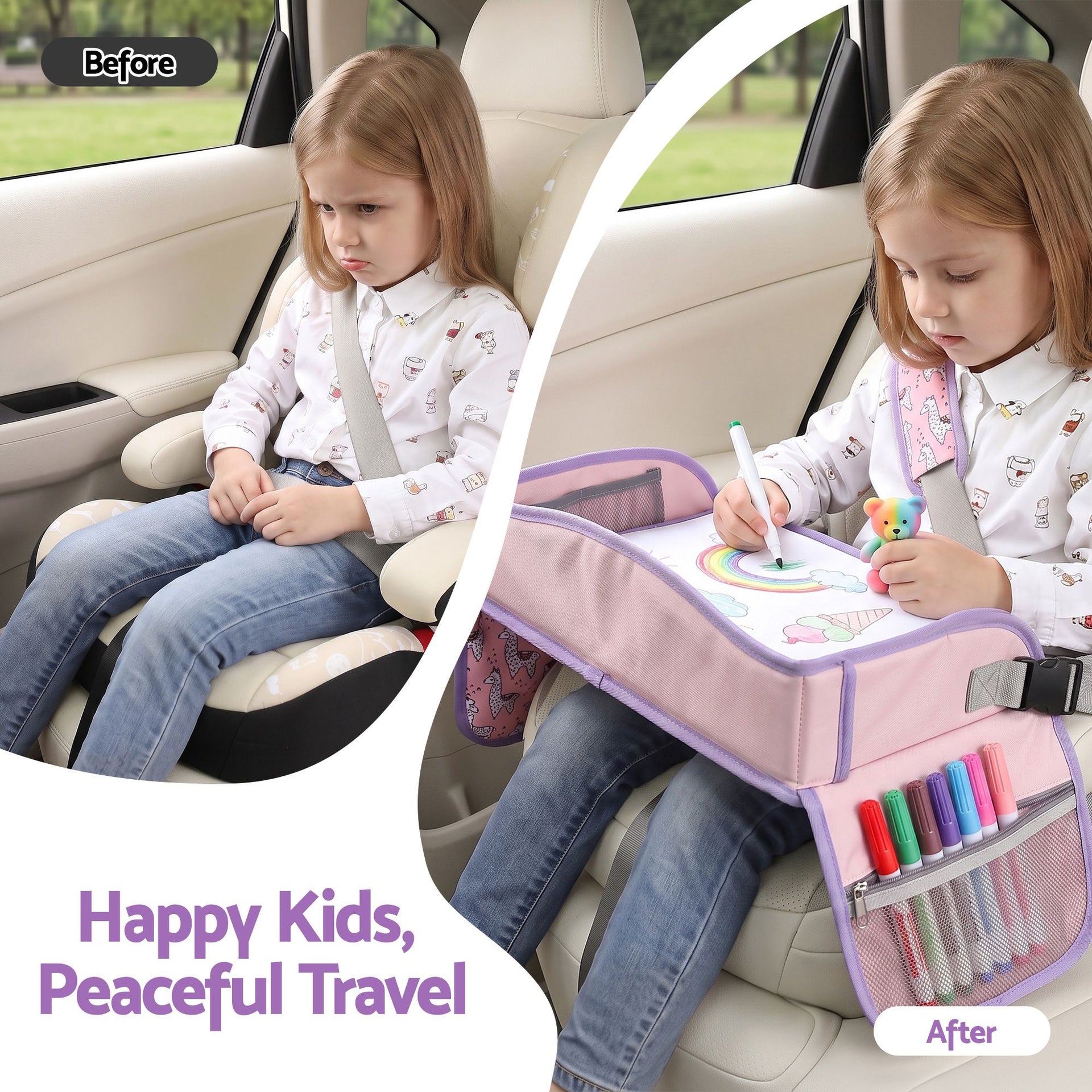 Keezi Kids Travel Tray Car Seat Lap Desk Portable Car Desk Organiser for Car & Airplane Pink Awezingly