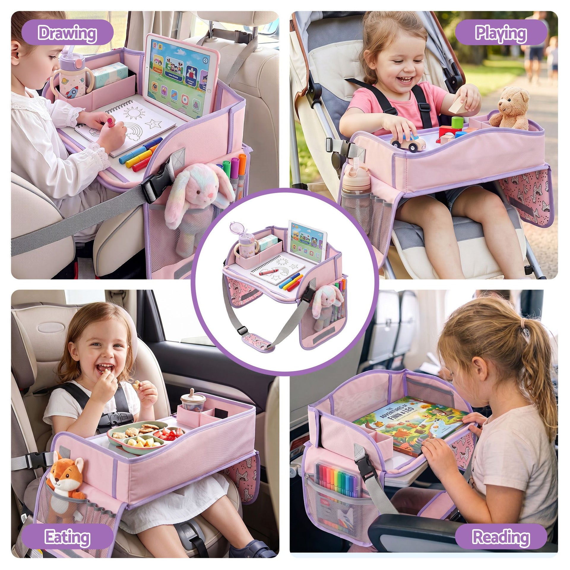 Keezi Kids Travel Tray Car Seat Lap Desk Portable Car Desk Organiser for Car & Airplane Pink Awezingly