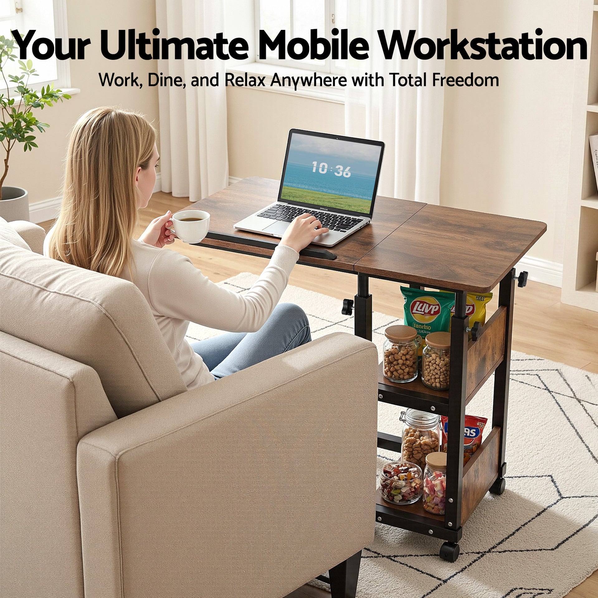 Artiss 3 Tier Adjustable Laptop Desk Tiltable Mobile Side Table Wheels Awezingly