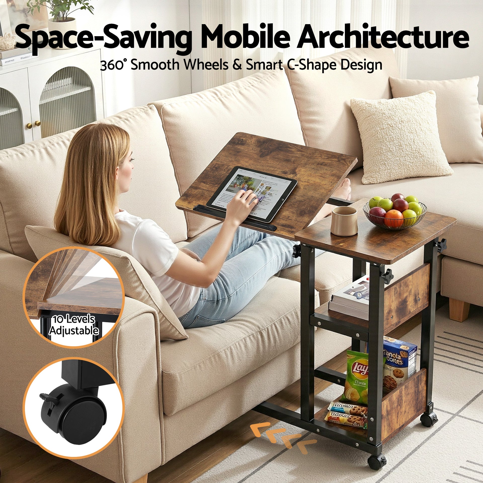 Artiss 3 Tier Adjustable Laptop Desk Tiltable Mobile Side Table Wheels Awezingly