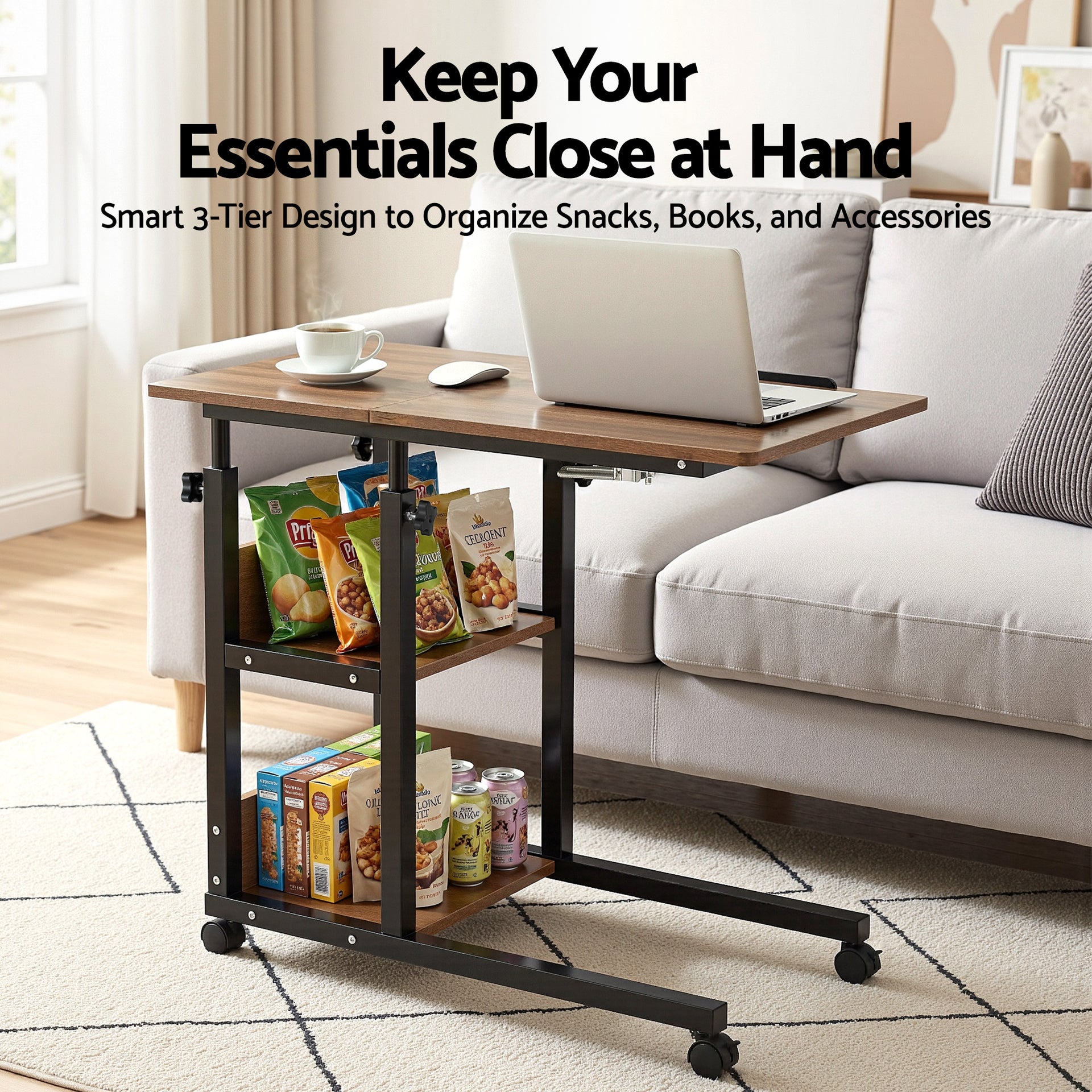 Artiss 3 Tier Adjustable Laptop Desk Tiltable Mobile Side Table Wheels Awezingly