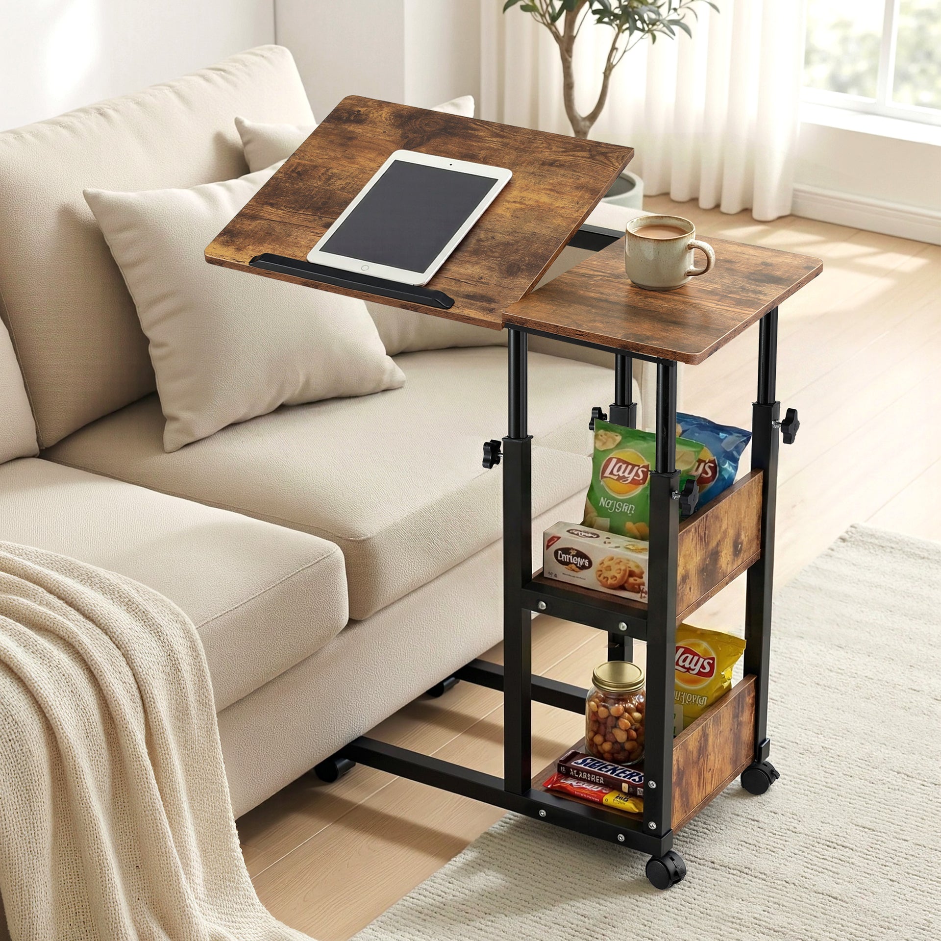 Artiss 3 Tier Adjustable Laptop Desk Tiltable Mobile Side Table Wheels Awezingly