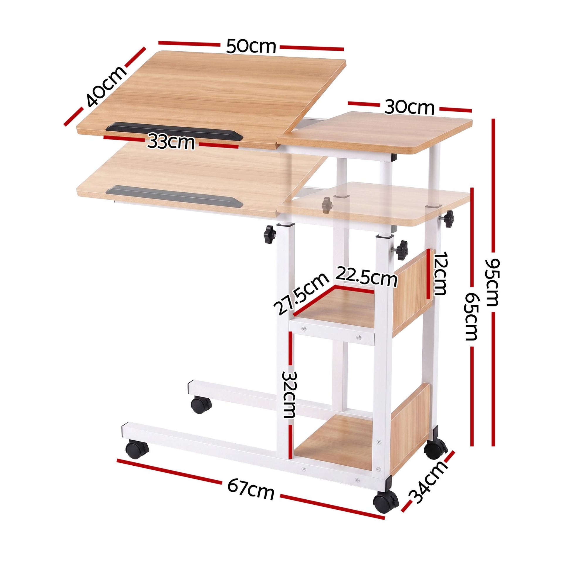 Artiss 3 Tier Adjustable Laptop Desk Tiltable Mobile Side Table Wheels Oak Artiss