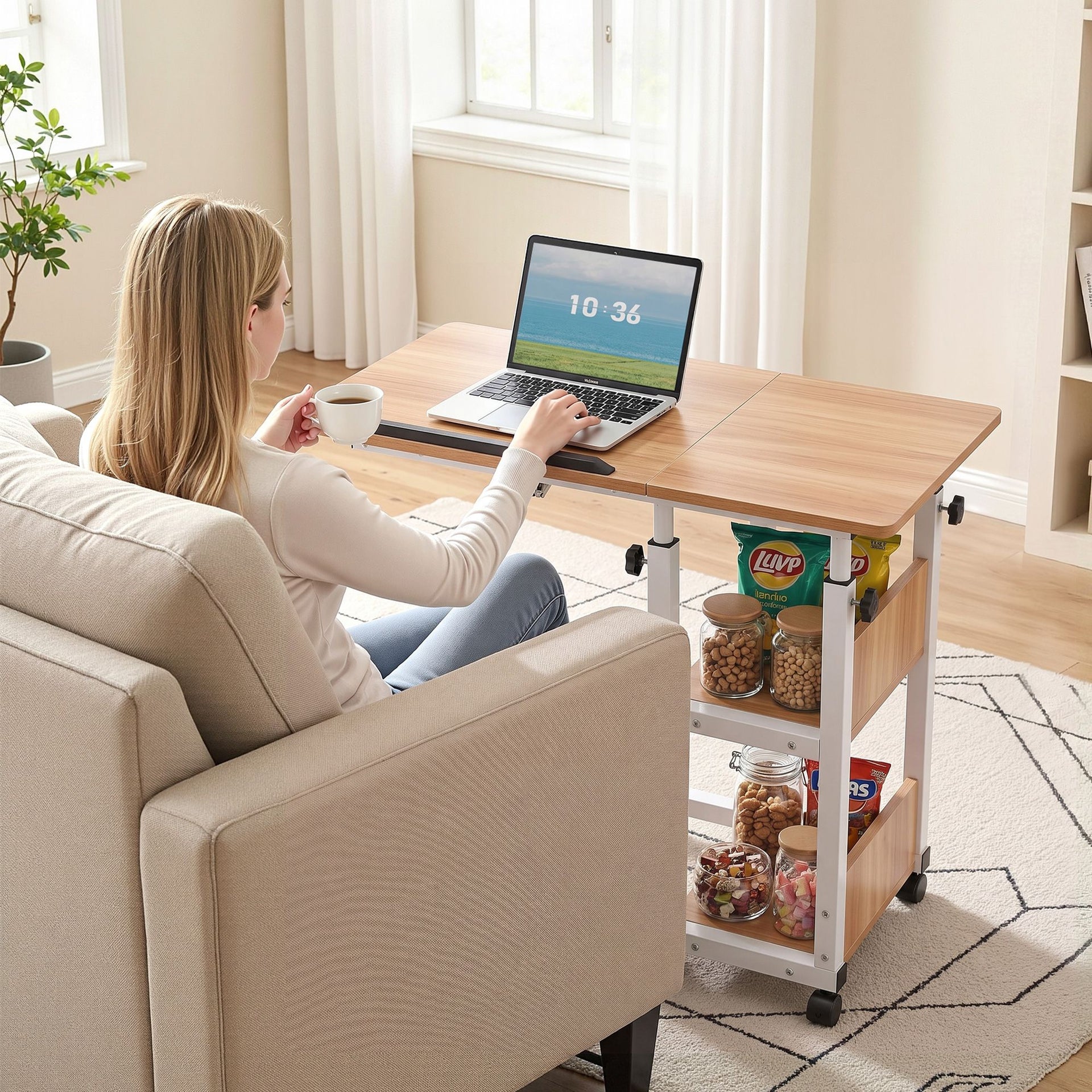 Artiss 3 Tier Adjustable Laptop Desk Tiltable Mobile Side Table Wheels Oak Artiss