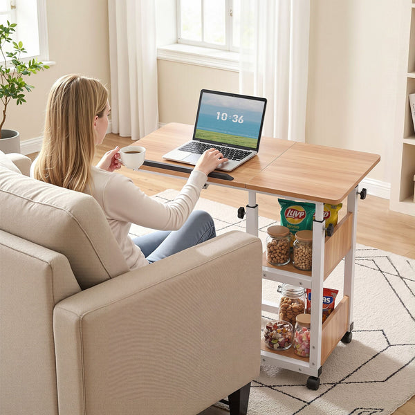Artiss 3 Tier Adjustable Laptop Desk Tiltable Mobile Side Table Wheels Oak Artiss