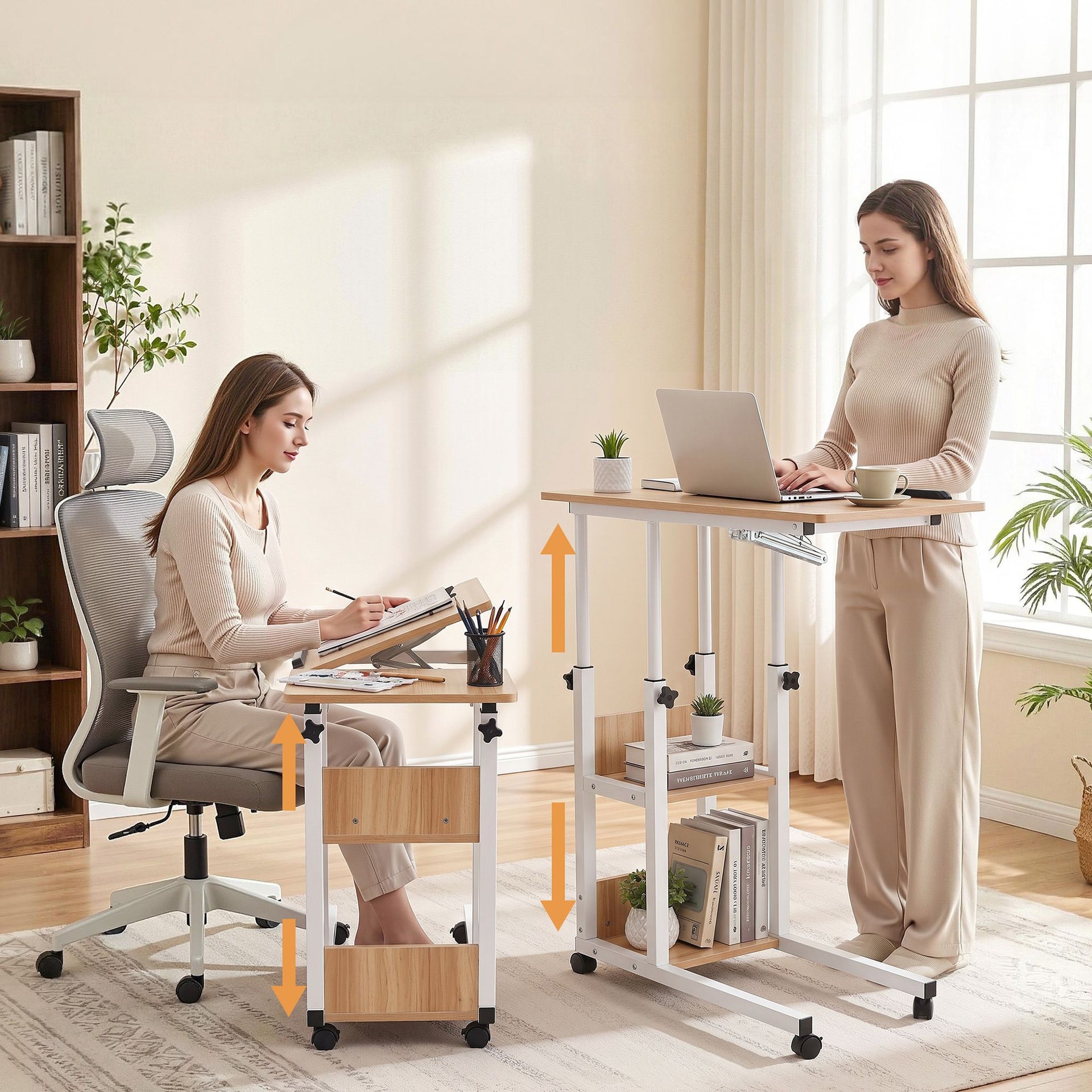 Artiss 3 Tier Adjustable Laptop Desk Tiltable Mobile Side Table Wheels Oak Artiss