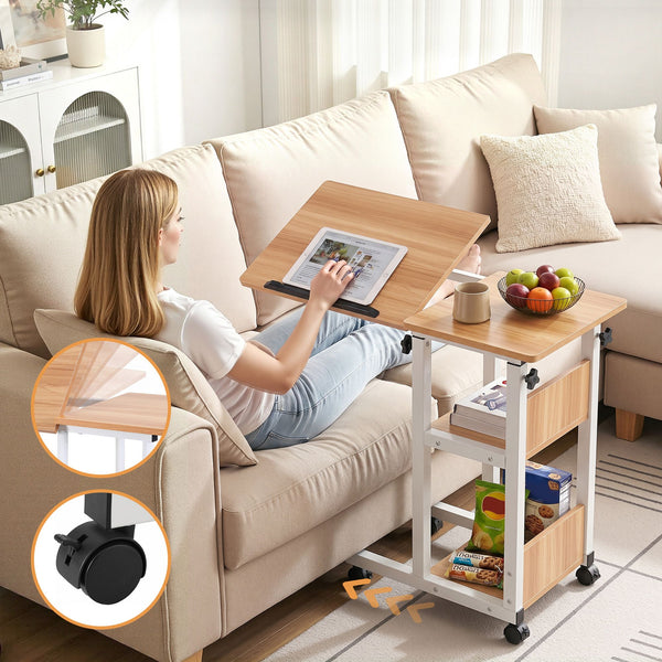 Artiss 3 Tier Adjustable Laptop Desk Tiltable Mobile Side Table Wheels Oak Artiss