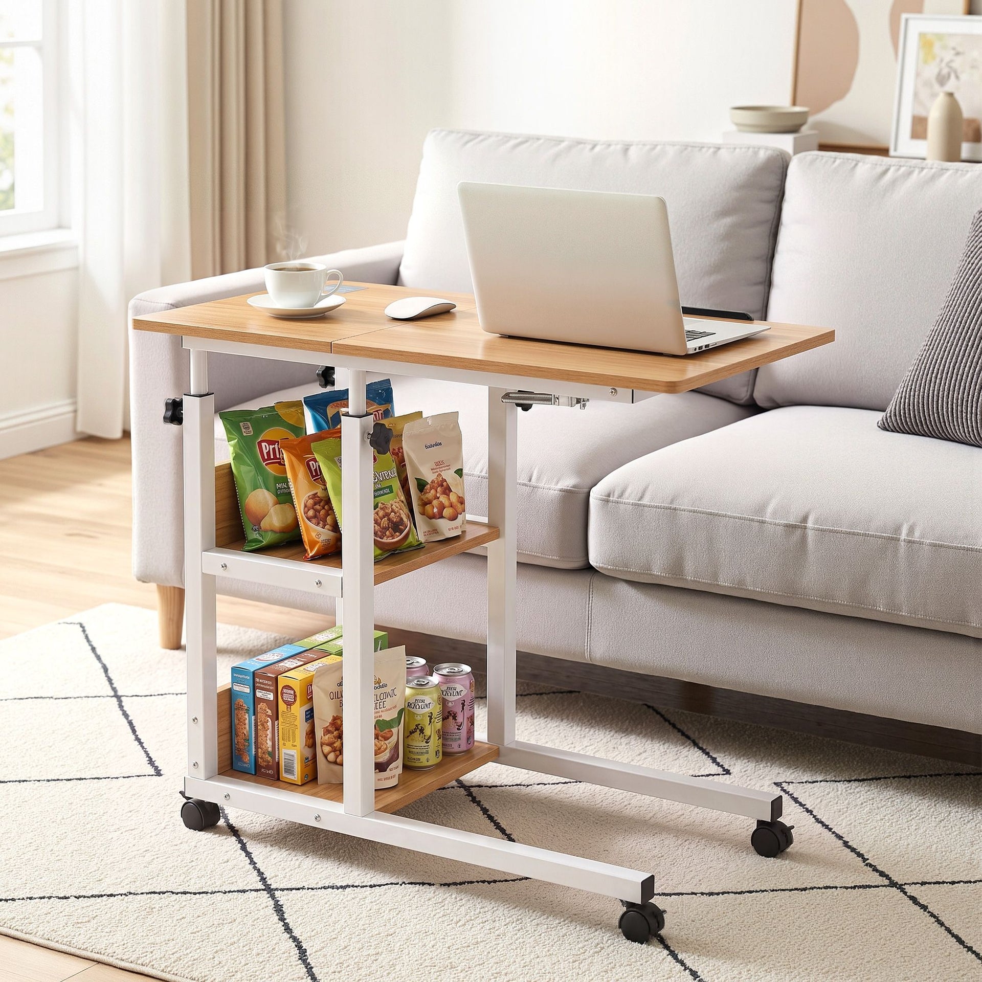 Artiss 3 Tier Adjustable Laptop Desk Tiltable Mobile Side Table Wheels Oak Artiss