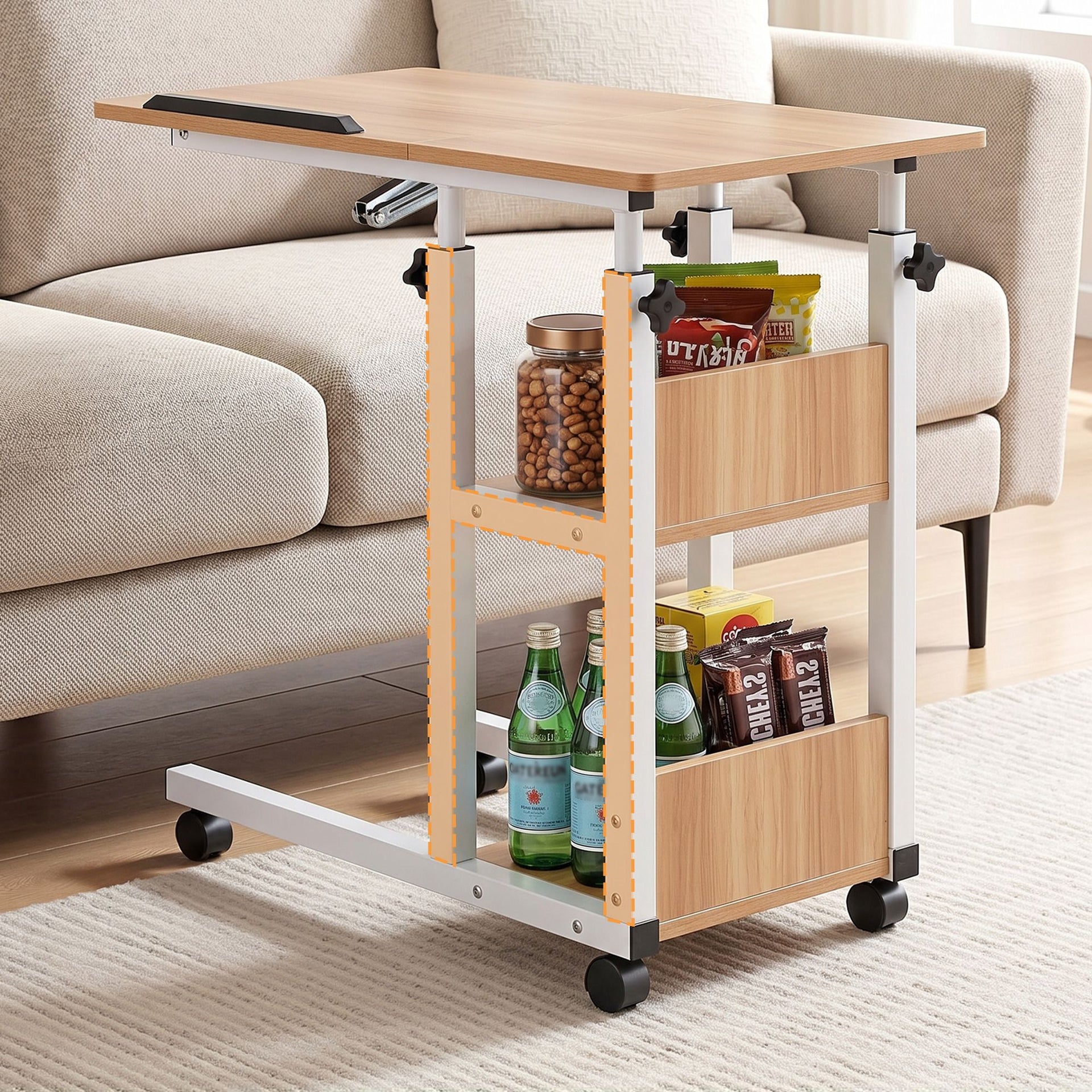 Artiss 3 Tier Adjustable Laptop Desk Tiltable Mobile Side Table Wheels Oak Artiss