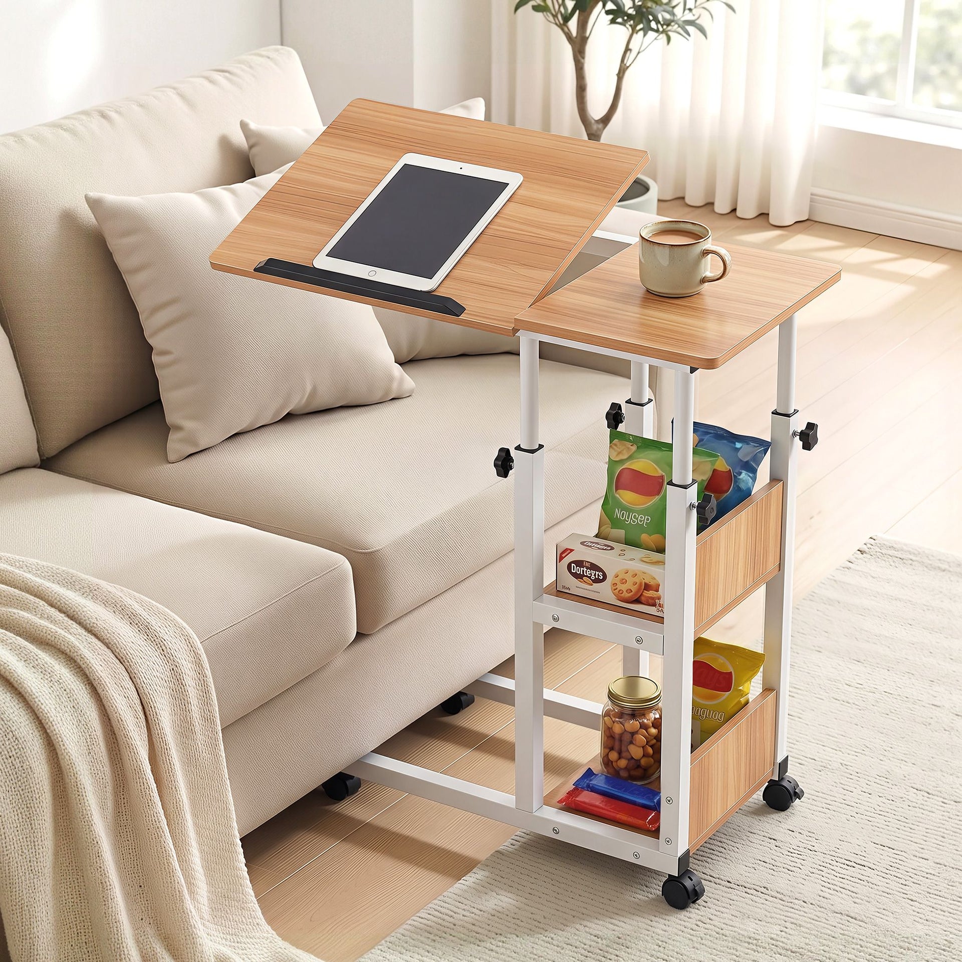 Artiss 3 Tier Adjustable Laptop Desk Tiltable Mobile Side Table Wheels Oak Artiss