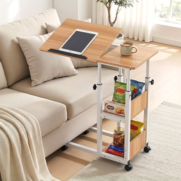 Artiss 3 Tier Adjustable Laptop Desk Tiltable Mobile Side Table Wheels Oak Artiss