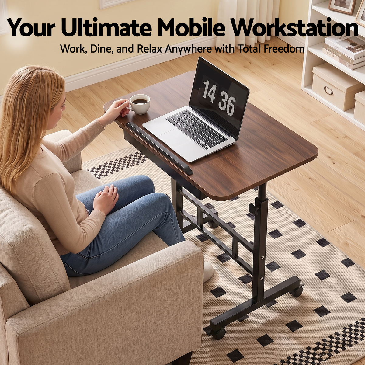 Artiss Adjustable Laptop Desk Mobile Bedside Table Hidden Storage Walnut Awezingly