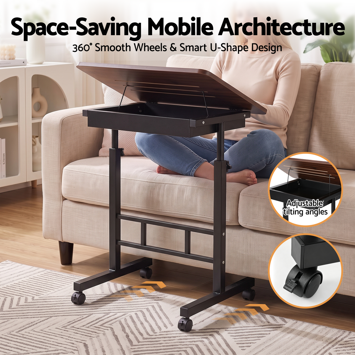 Artiss Adjustable Laptop Desk Mobile Bedside Table Hidden Storage Walnut Awezingly