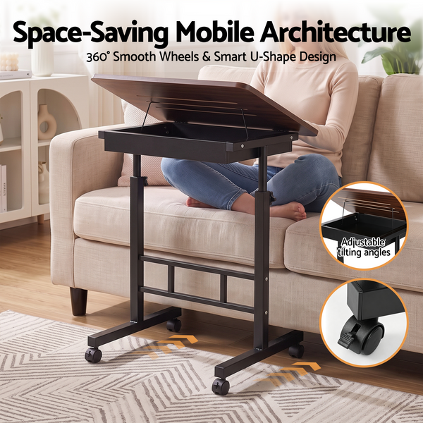 Artiss Adjustable Laptop Desk Mobile Bedside Table Hidden Storage Walnut Awezingly
