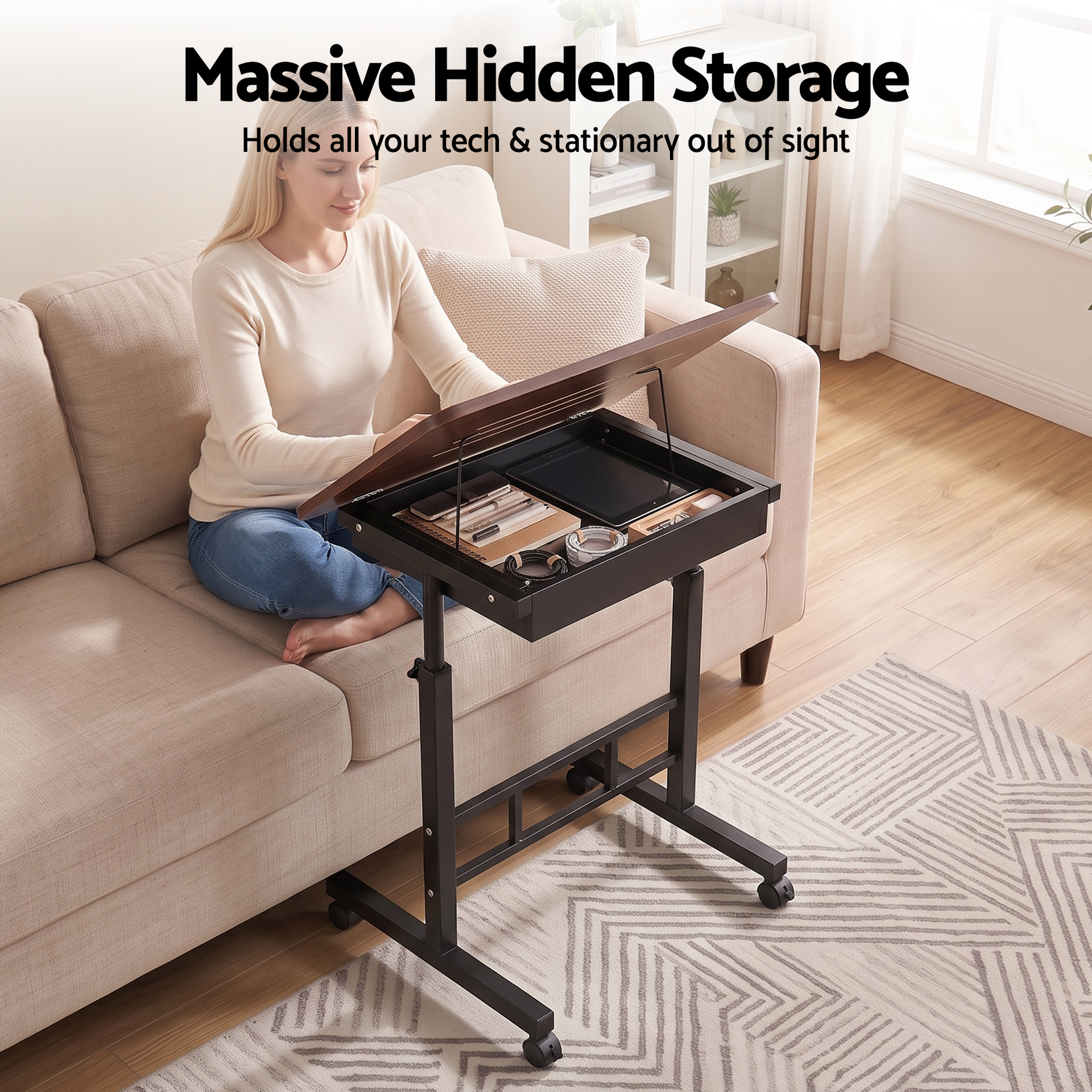 Artiss Adjustable Laptop Desk Mobile Bedside Table Hidden Storage Walnut Awezingly