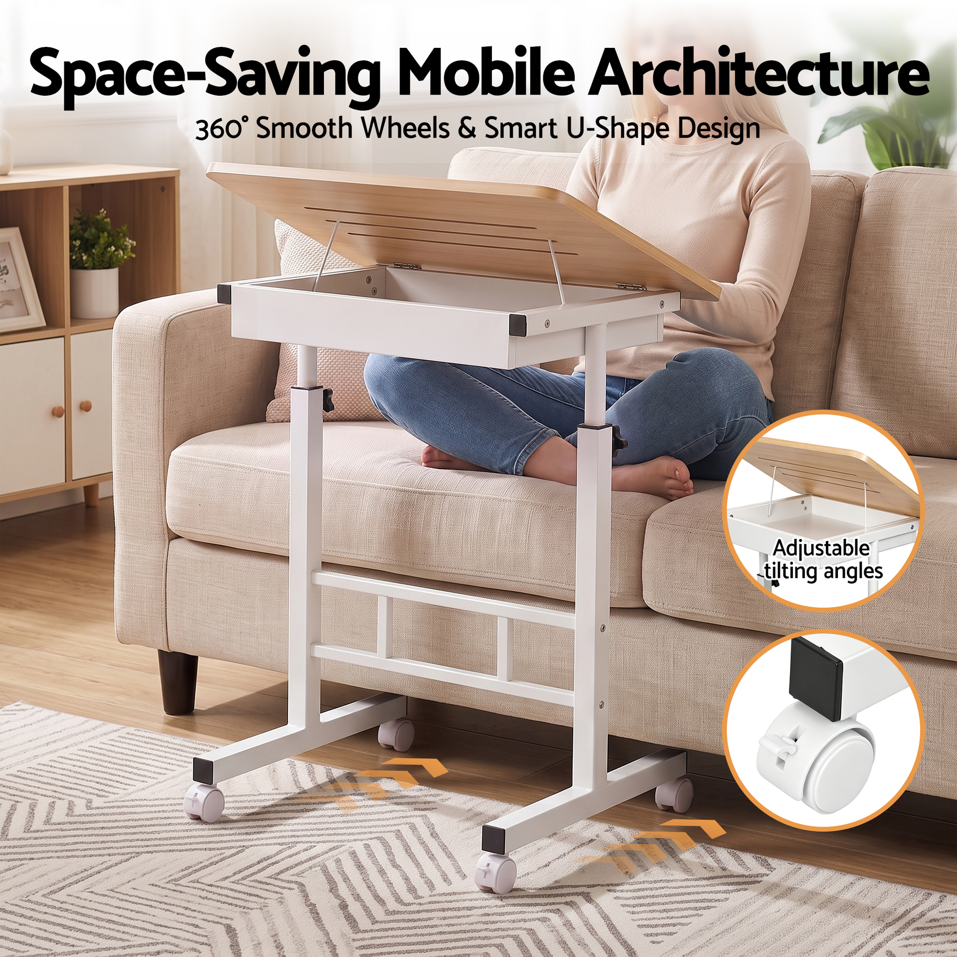 Artiss Adjustable Laptop Desk Mobile Bedside Table Hidden Storage Wood Awezingly