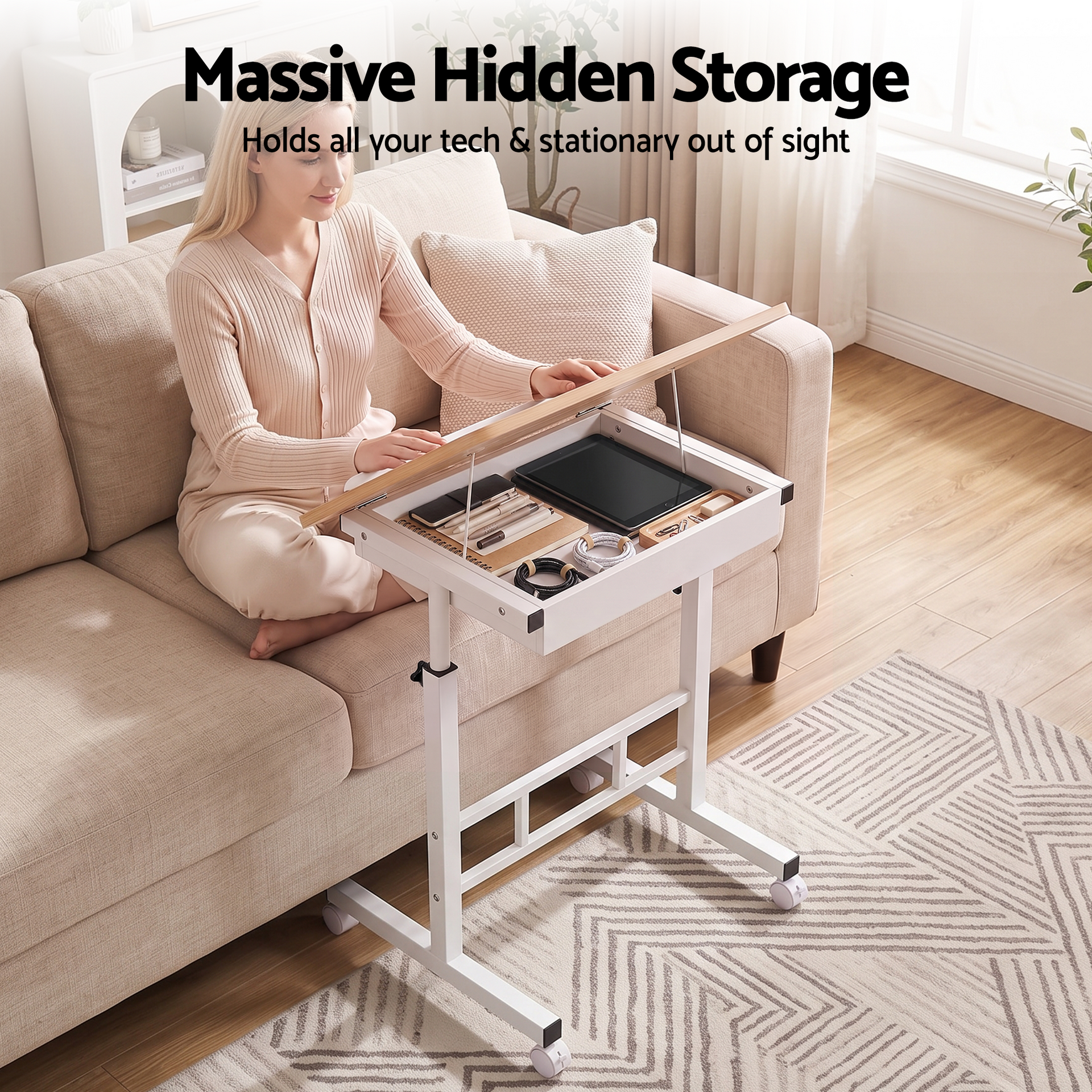 Artiss Adjustable Laptop Desk Mobile Bedside Table Hidden Storage Wood Awezingly