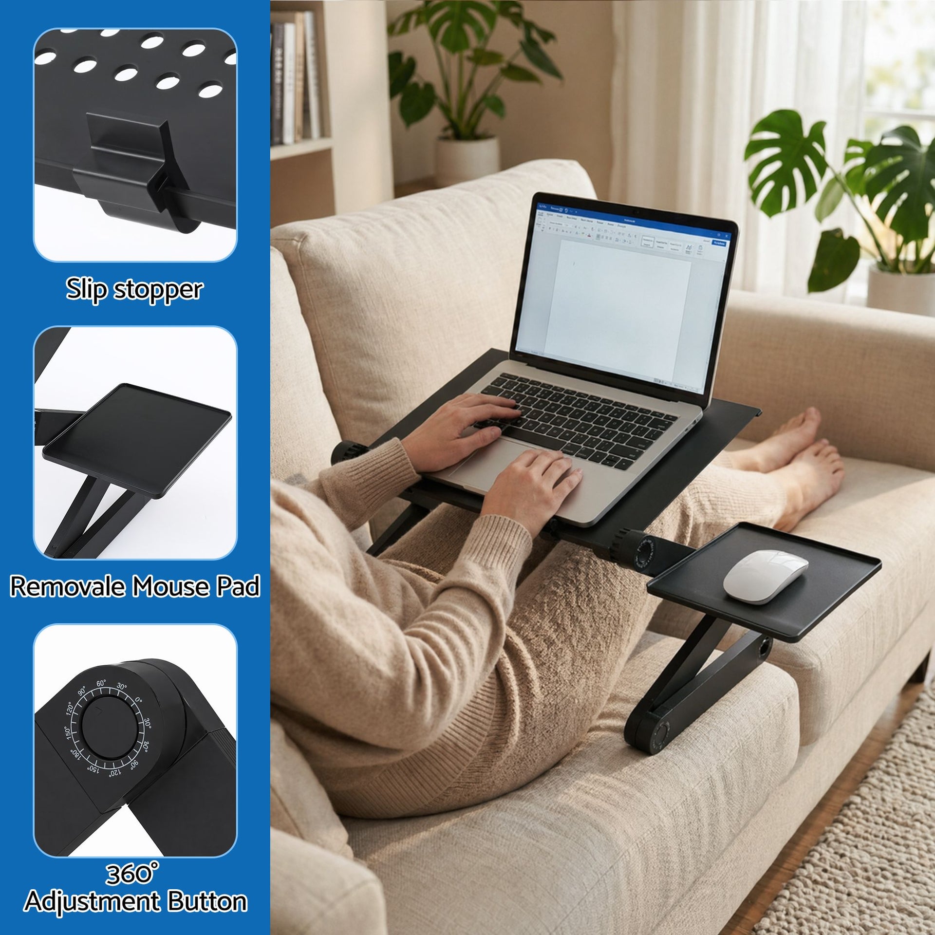 Artiss Laptop Stand Aluminium Computer Riser Foldable Lap Desk Bed Table Black Artiss