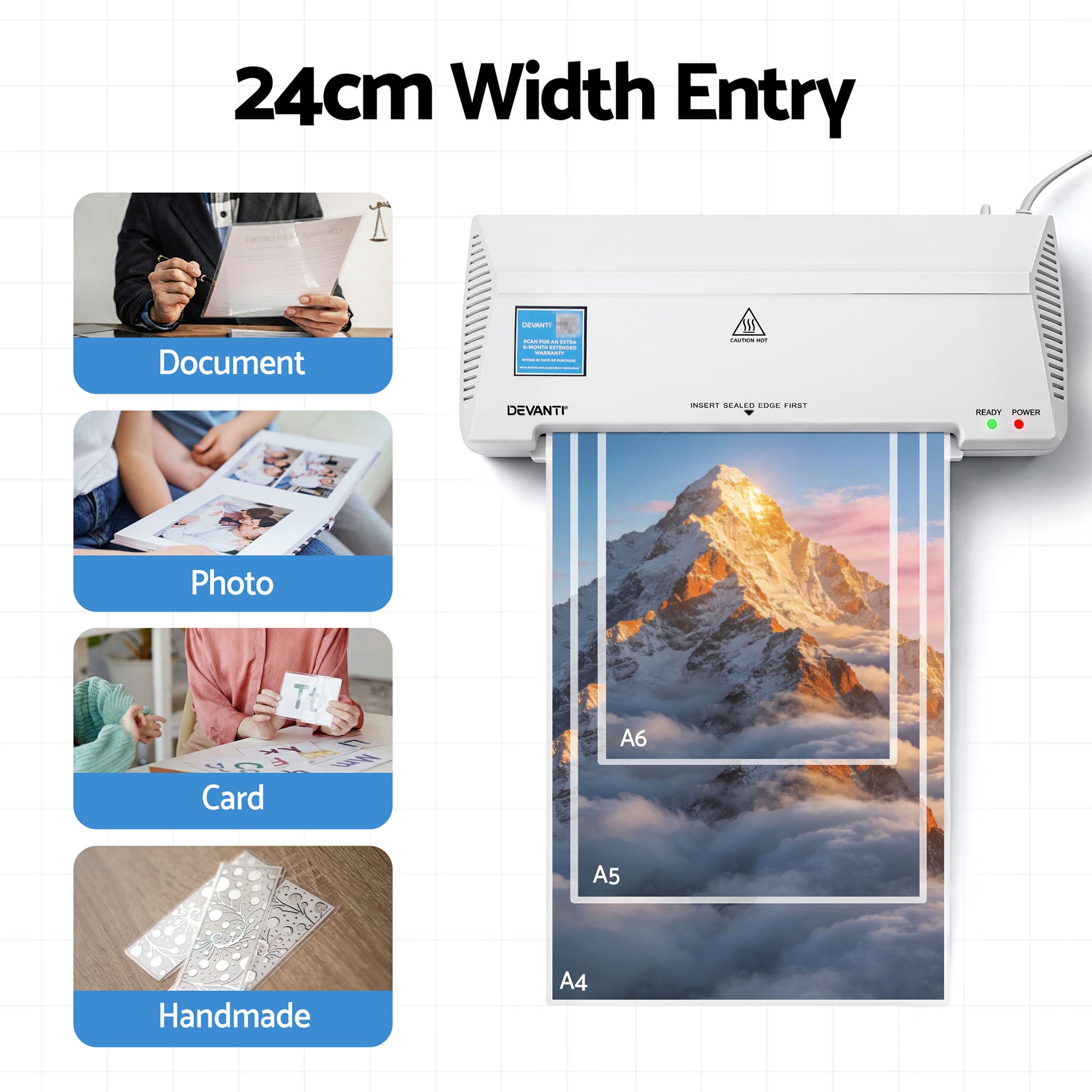 Devanti A4 Laminator Machine, Hot & Cold Thermal Fast Lamination Anti-Jam Laminator for Office School Home Document Photo Card Handmade A4 A5 A6, White Awezingly