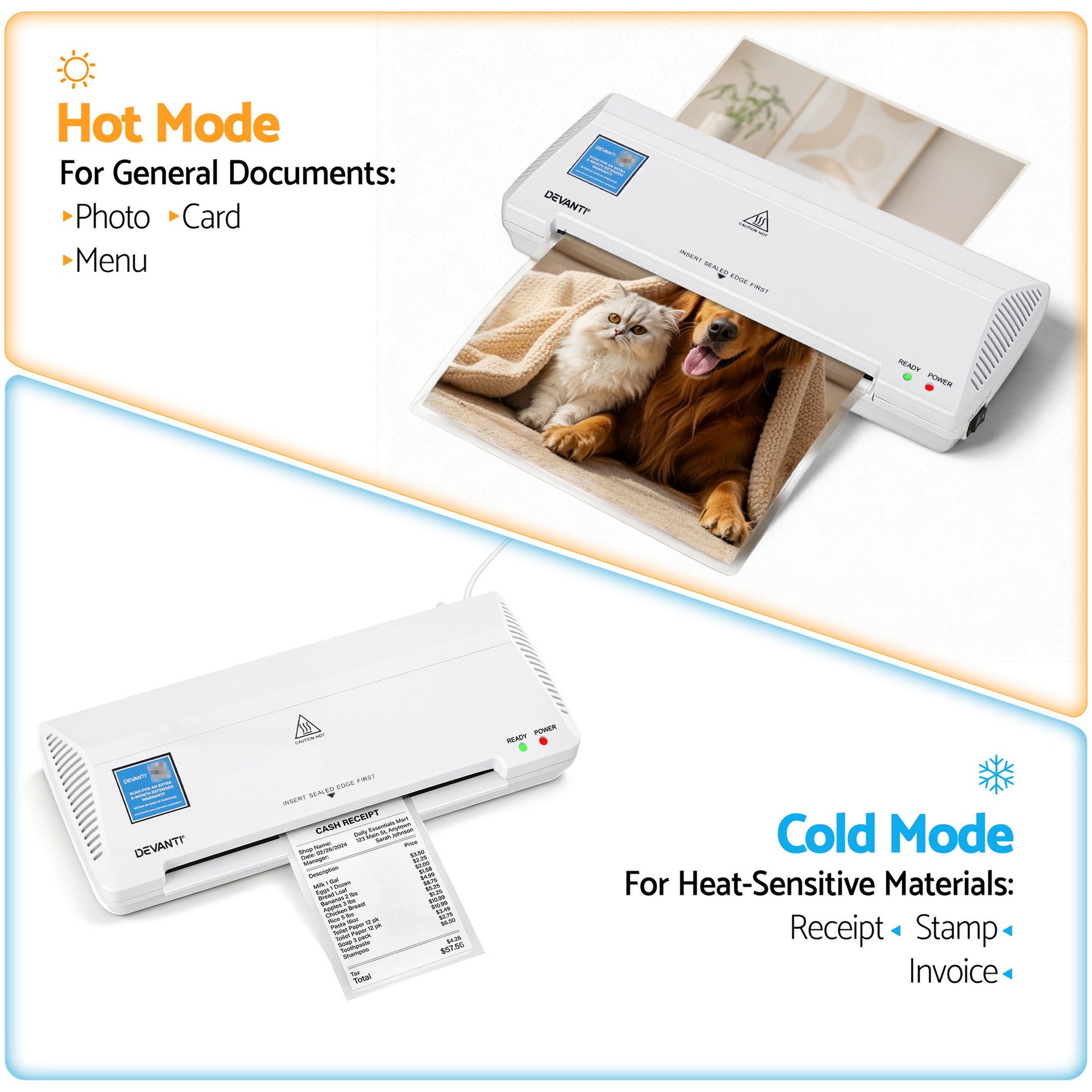 Devanti A4 Laminator Machine, Hot & Cold Thermal Fast Lamination Anti-Jam Laminator for Office School Home Document Photo Card Handmade A4 A5 A6, White Awezingly