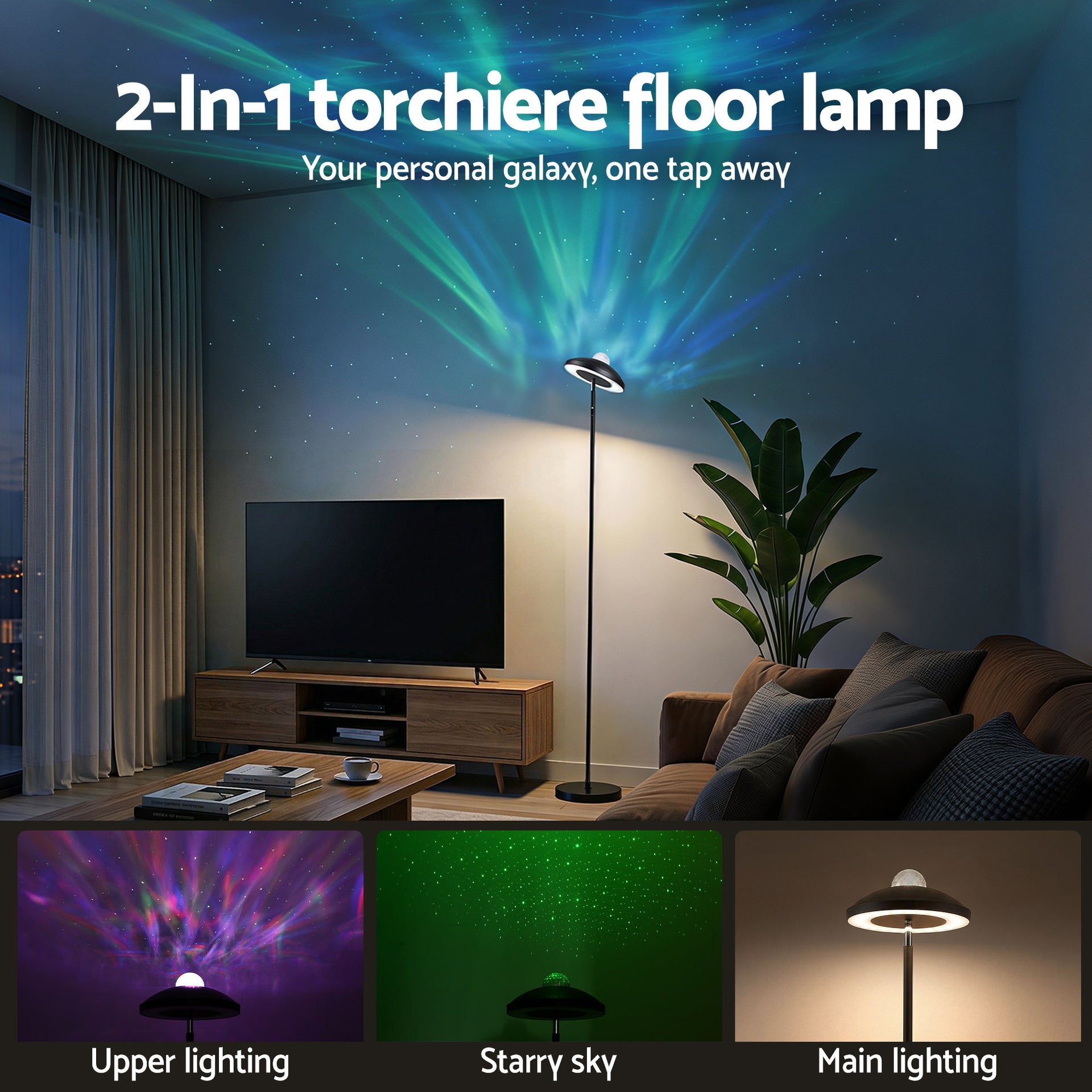Artiss 2-in-1 LED Floor Lamp with Galaxy Projector &Remote, 178cm Tall Torchiere Standing Light with Dynamic RGB Aurora Stepless 4 Colour Temperatures, 1H Timer for Living Room, Bedroom Kids Room Awezingly