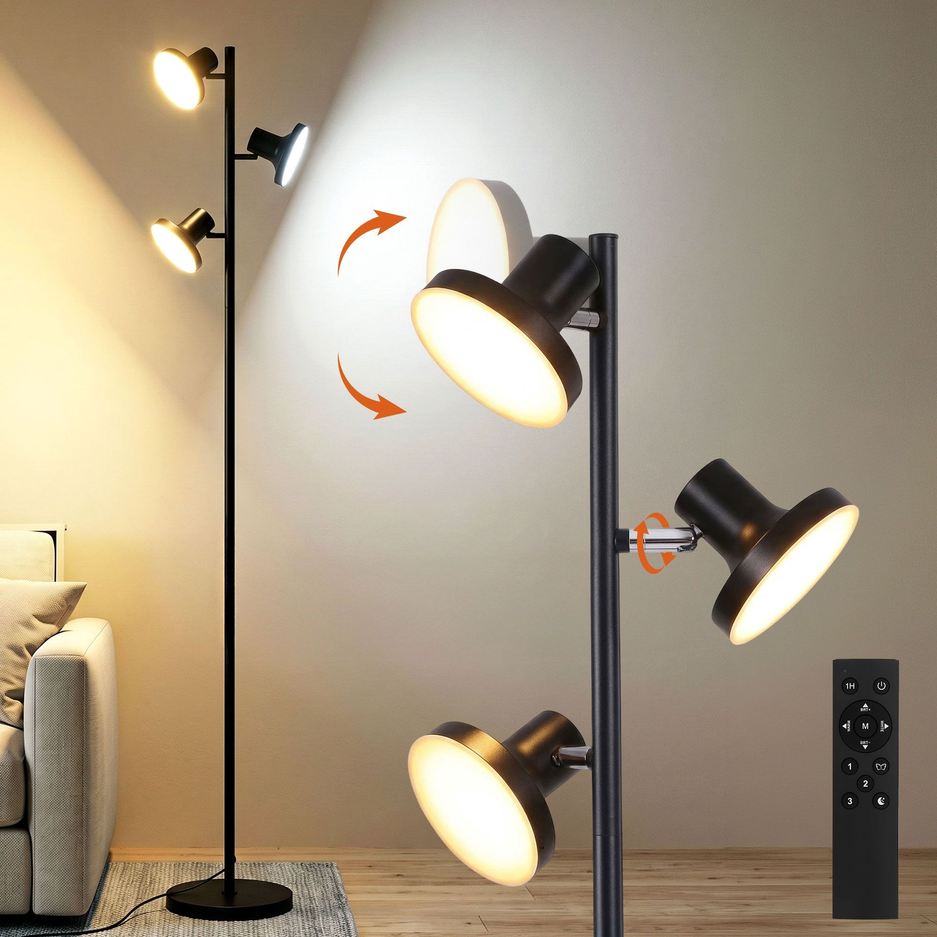 Artiss LED Tree Floor Lamp, 36W Modern Dimmable Standing Lamp with Remote & Touch Control, 4 Color Temperatures, 3 Rotatable LED Light Floor Lamps for Living Room, Bedroom, Office Artiss