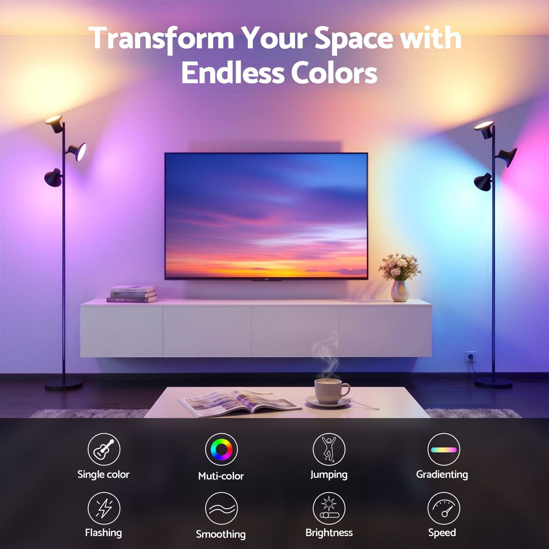 Artiss RGB Floor Lamp LED with 3 Swivel Lights Color Changing Lamp with Remote Stepless Dimmable Artiss