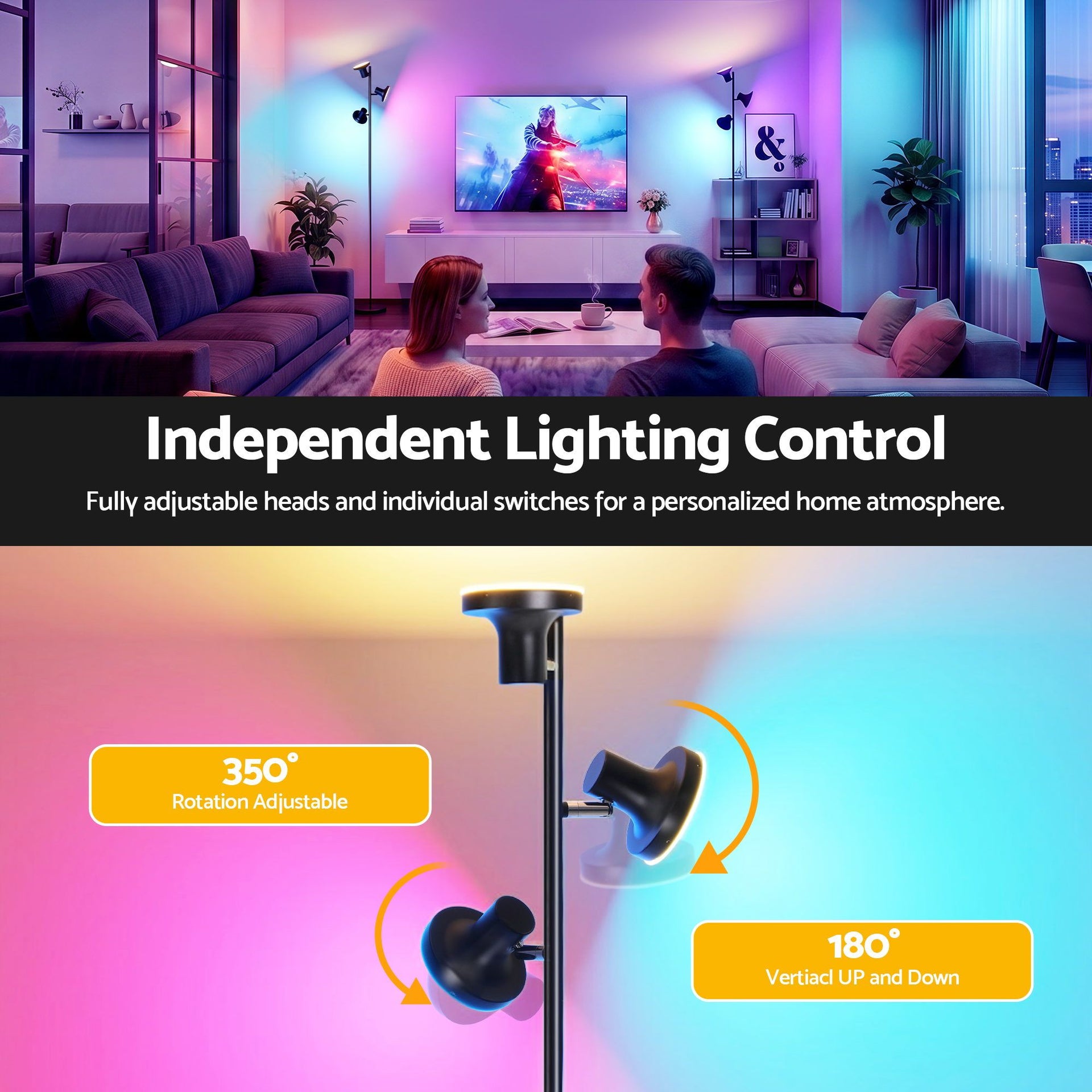 Artiss RGB Floor Lamp LED with 3 Swivel Lights Color Changing Lamp with Remote Stepless Dimmable Artiss
