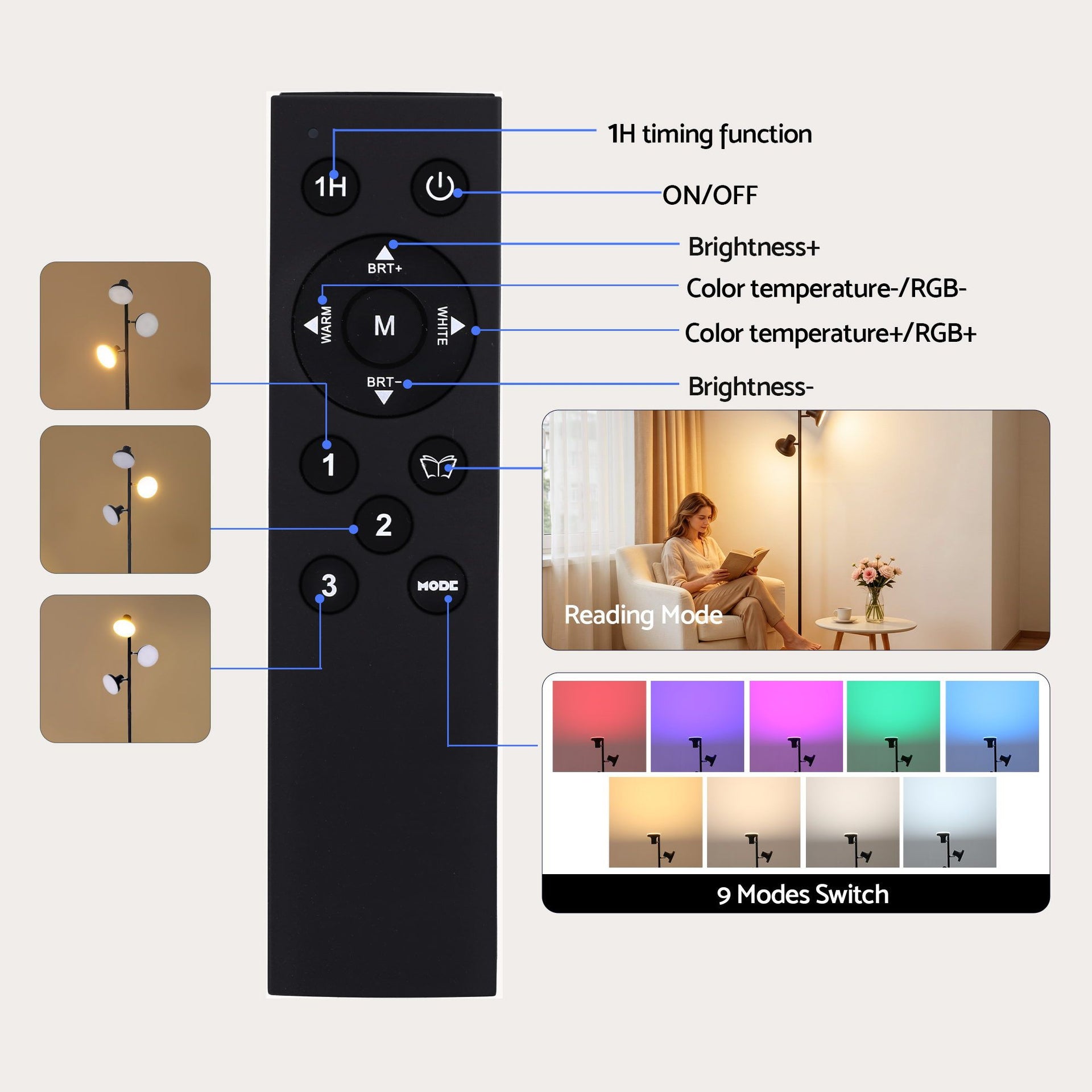 Artiss RGB Floor Lamp LED with 3 Swivel Lights Color Changing Lamp with Remote Stepless Dimmable Artiss