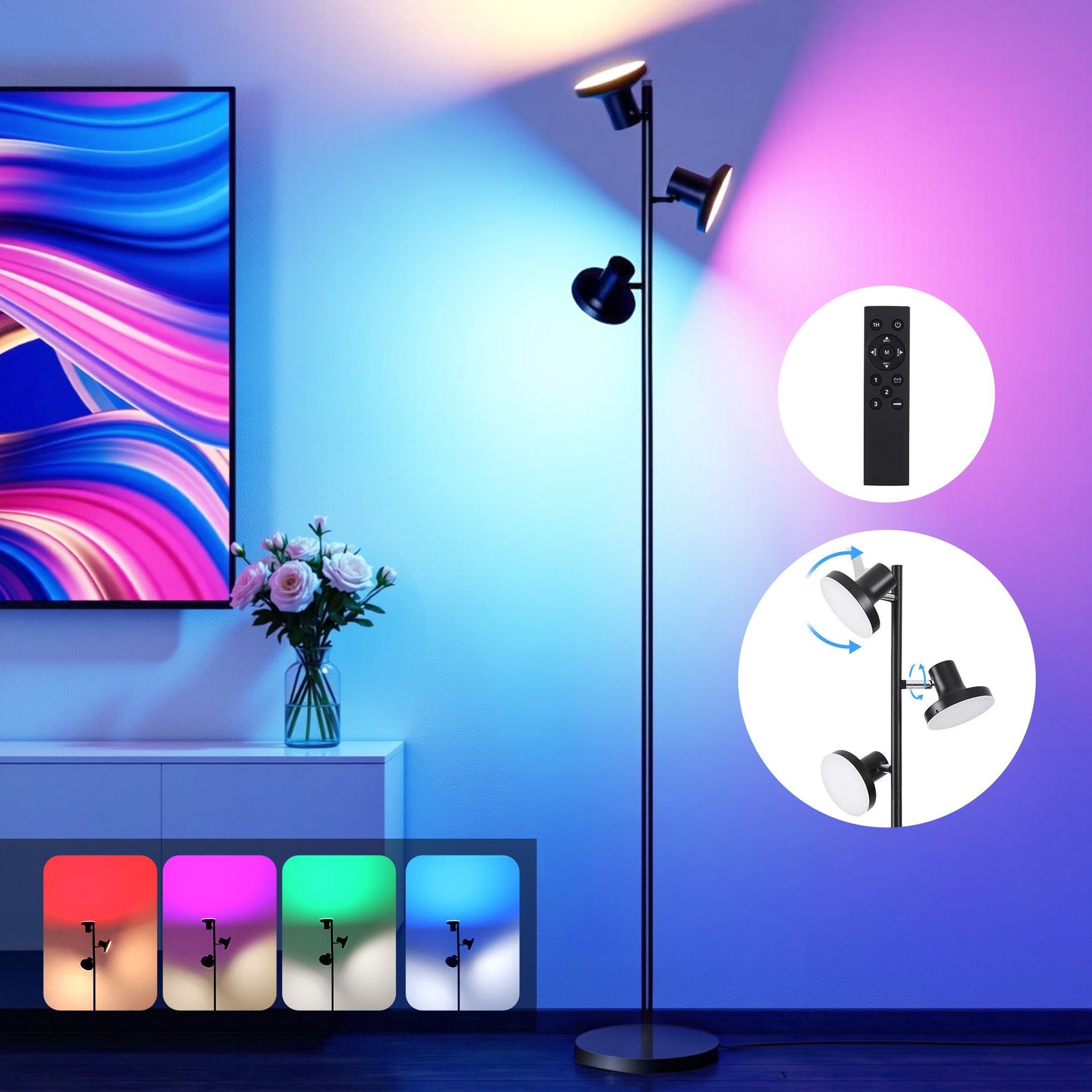 Artiss RGB Floor Lamp LED with 3 Swivel Lights Color Changing Lamp with Remote Stepless Dimmable Artiss