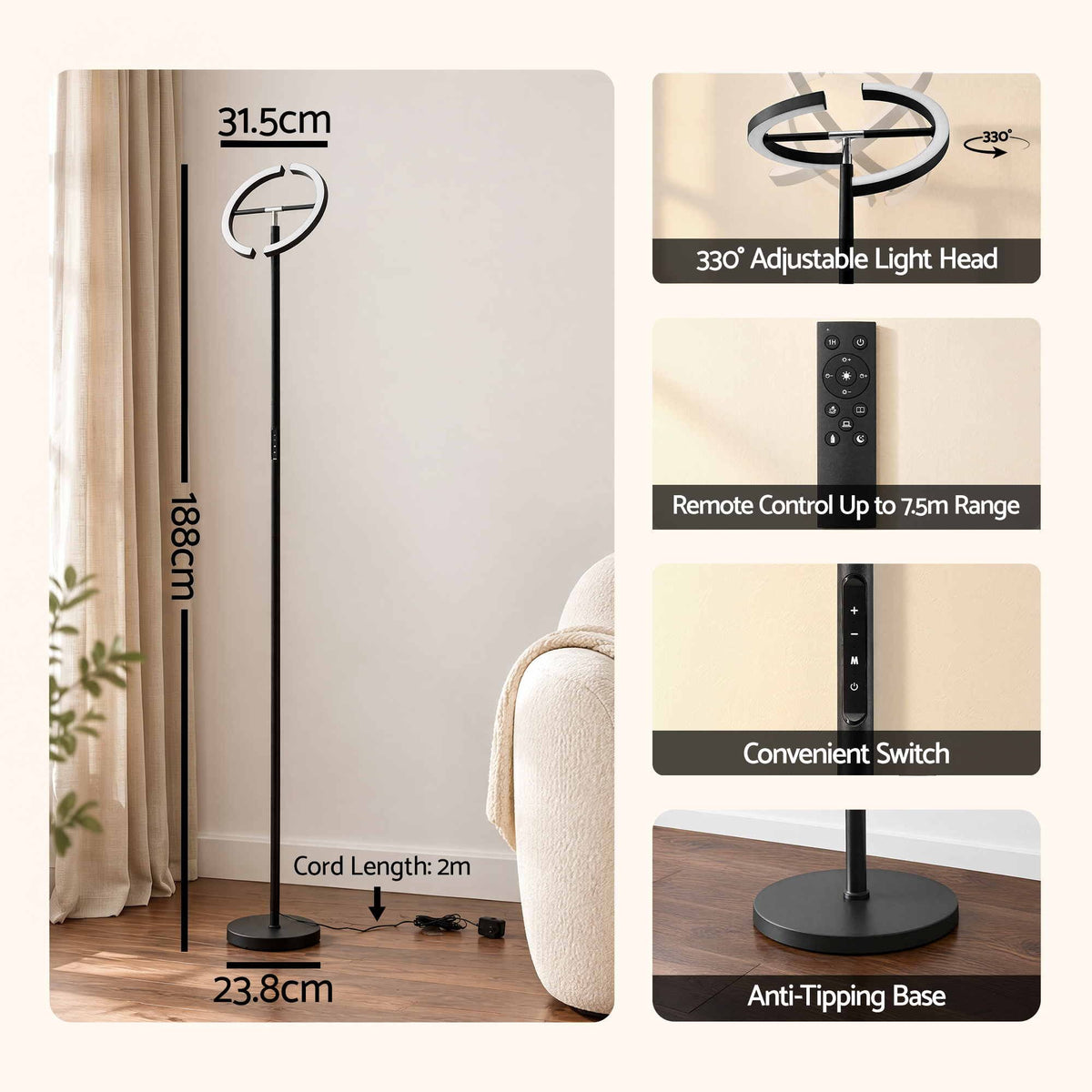 Artiss LED Floor Lamp with Dual Rotating Heads, Dimmable Light and Remote Control Black 20W Awezingly