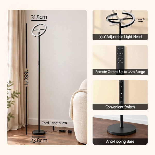 Artiss LED Floor Lamp with Dual Rotating Heads, Dimmable Light and Remote Control Black 20W Awezingly