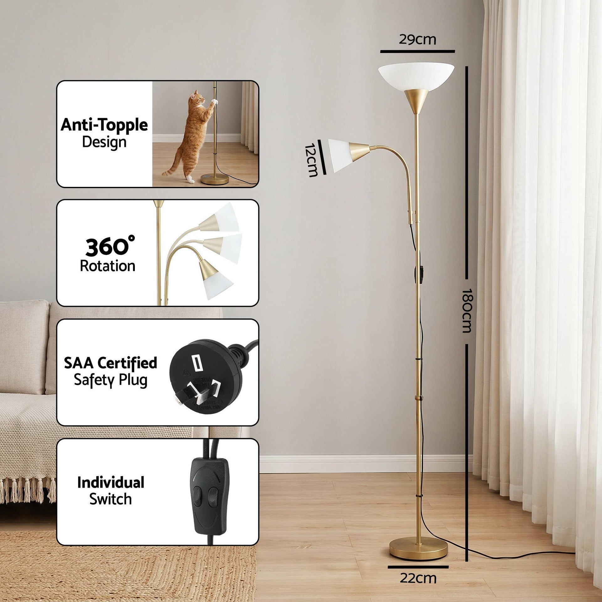 Artiss Gold Floor Lamp with Reading Light | Mother and Child Standing Lamp with 360 Flexible Gooseneck, Individual Switch & Plate Shade, E27 & E14 Bulb (Not Included) Home Living Room Office Reading Artiss