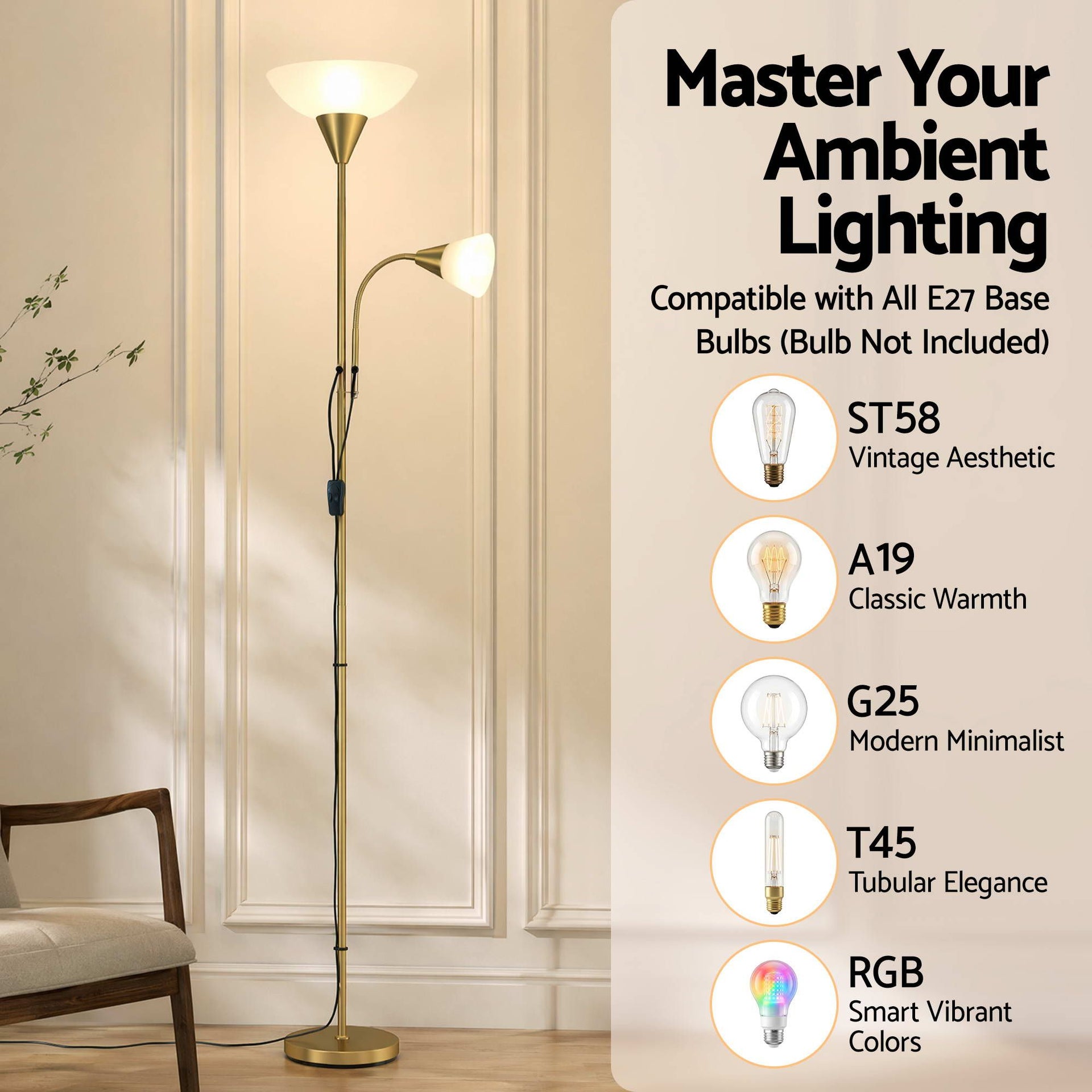 Artiss Gold Floor Lamp with Reading Light | Mother and Child Standing Lamp with 360 Flexible Gooseneck, Individual Switch & Plate Shade, E27 & E14 Bulb (Not Included) Home Living Room Office Reading Artiss
