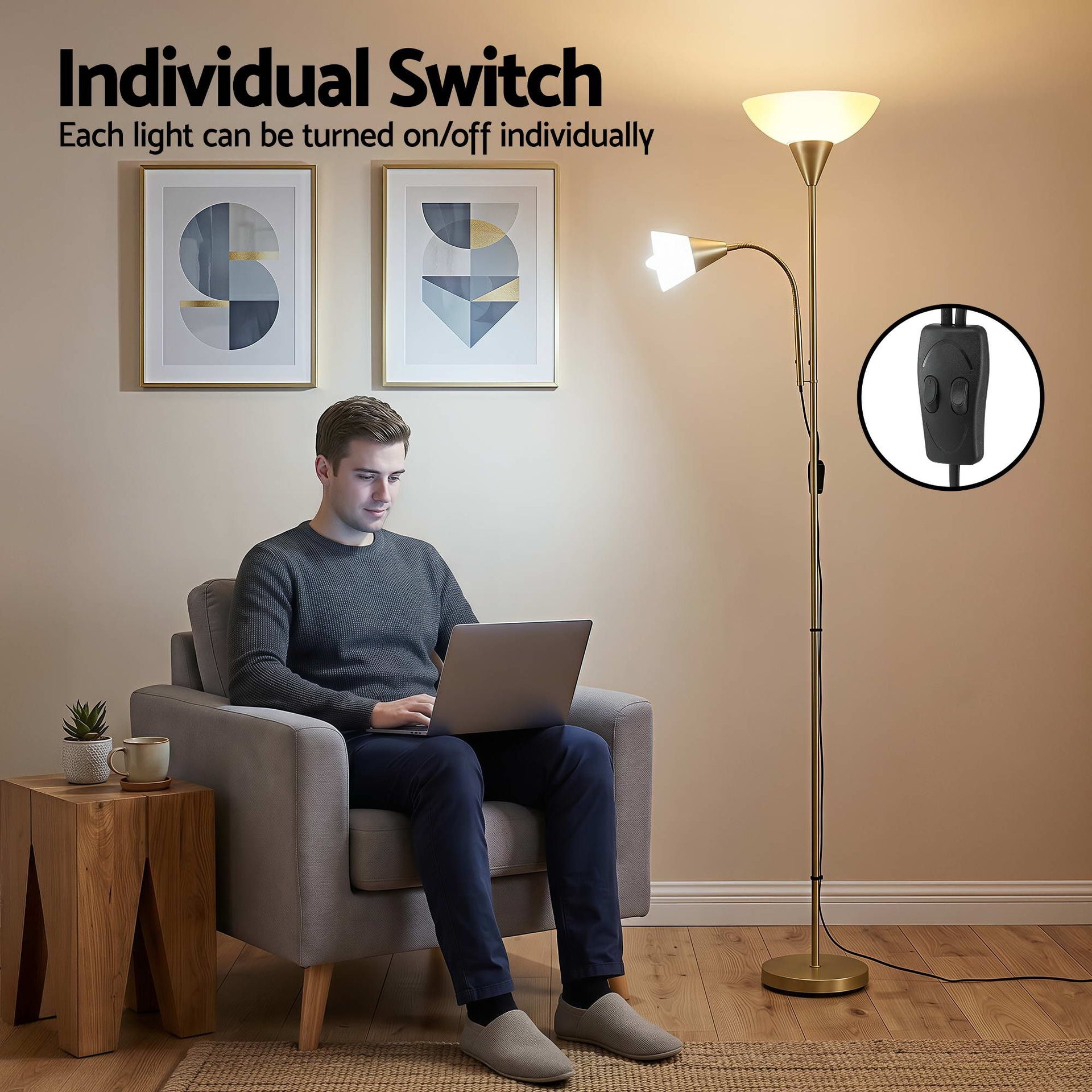 Artiss Gold Floor Lamp with Reading Light | Mother and Child Standing Lamp with 360 Flexible Gooseneck, Individual Switch & Plate Shade, E27 & E14 Bulb (Not Included) Home Living Room Office Reading Artiss