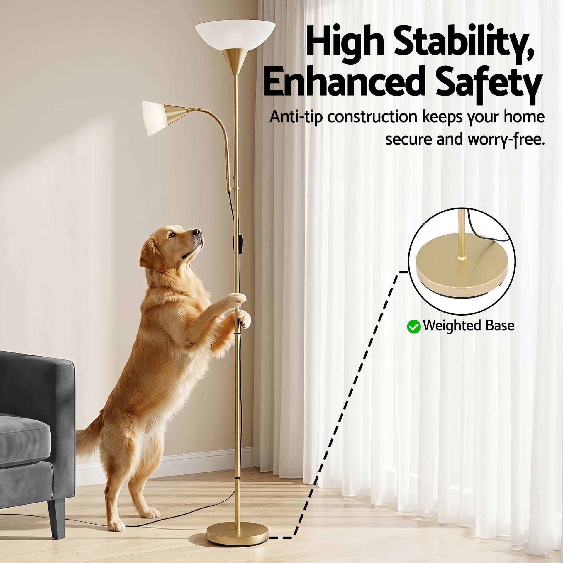 Artiss Gold Floor Lamp with Reading Light | Mother and Child Standing Lamp with 360 Flexible Gooseneck, Individual Switch & Plate Shade, E27 & E14 Bulb (Not Included) Home Living Room Office Reading Artiss