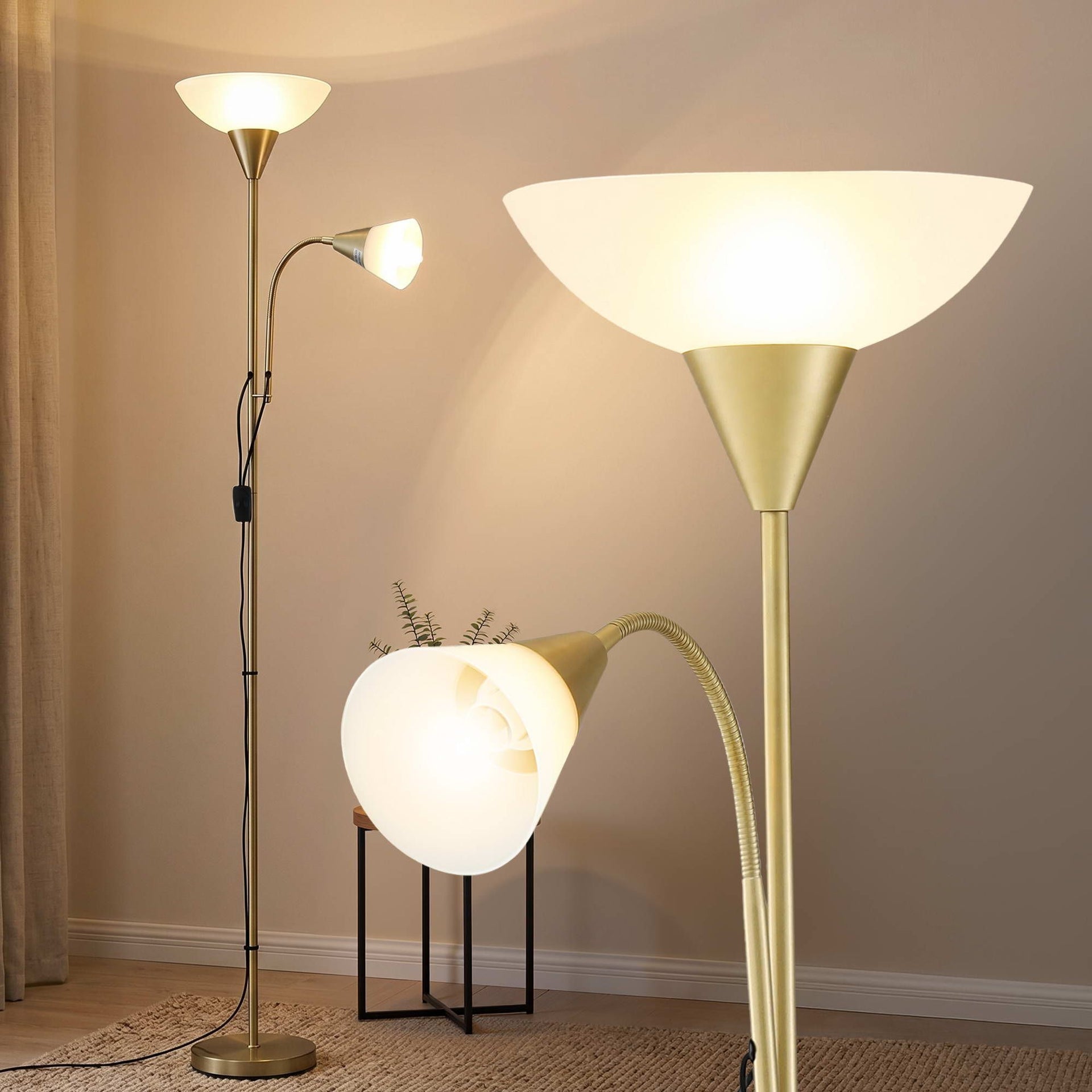 Artiss Gold Floor Lamp with Reading Light | Mother and Child Standing Lamp with 360 Flexible Gooseneck, Individual Switch & Plate Shade, E27 & E14 Bulb (Not Included) Home Living Room Office Reading Artiss