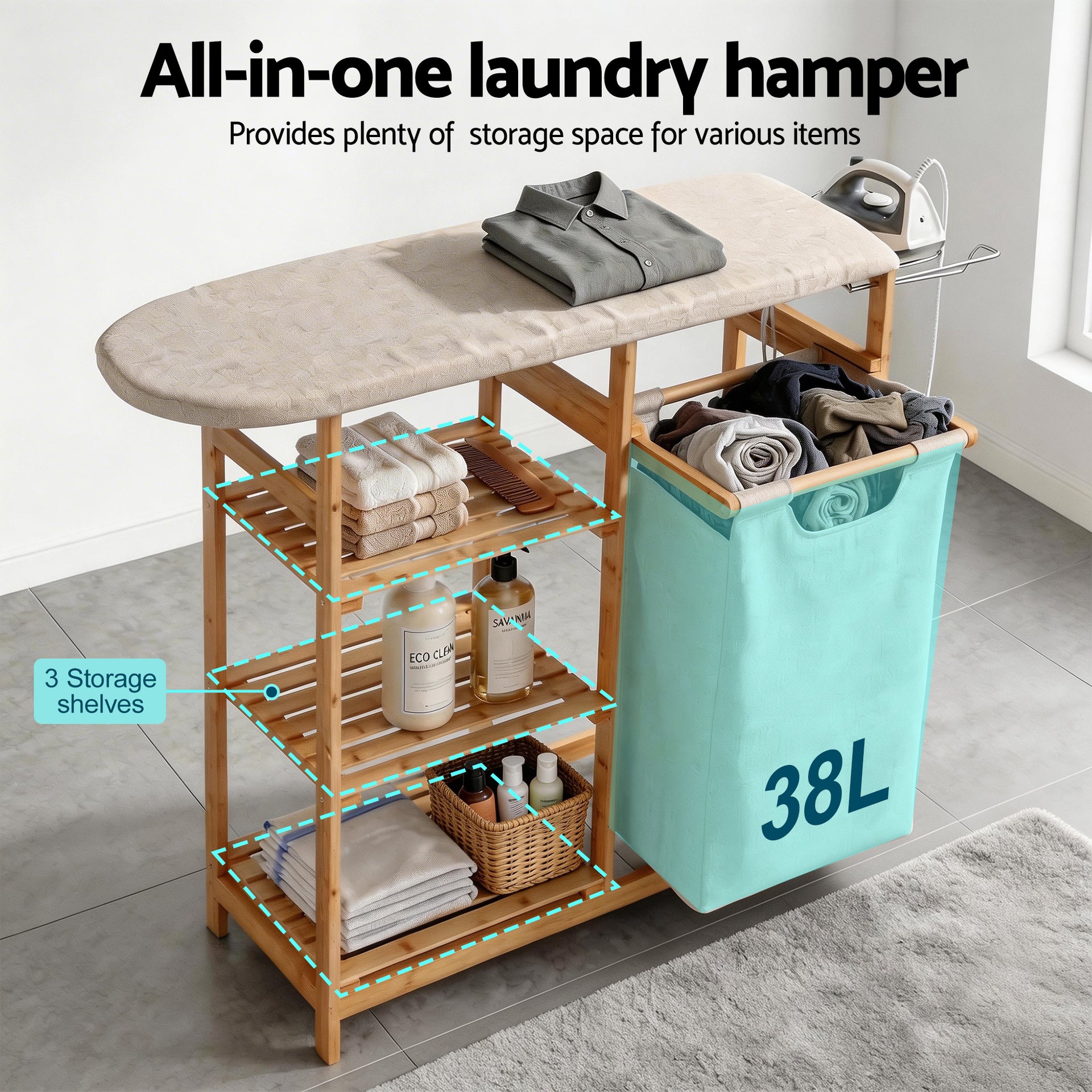 Artiss Laundry Basket Hamper with Ironing Board Bamboo Awezingly