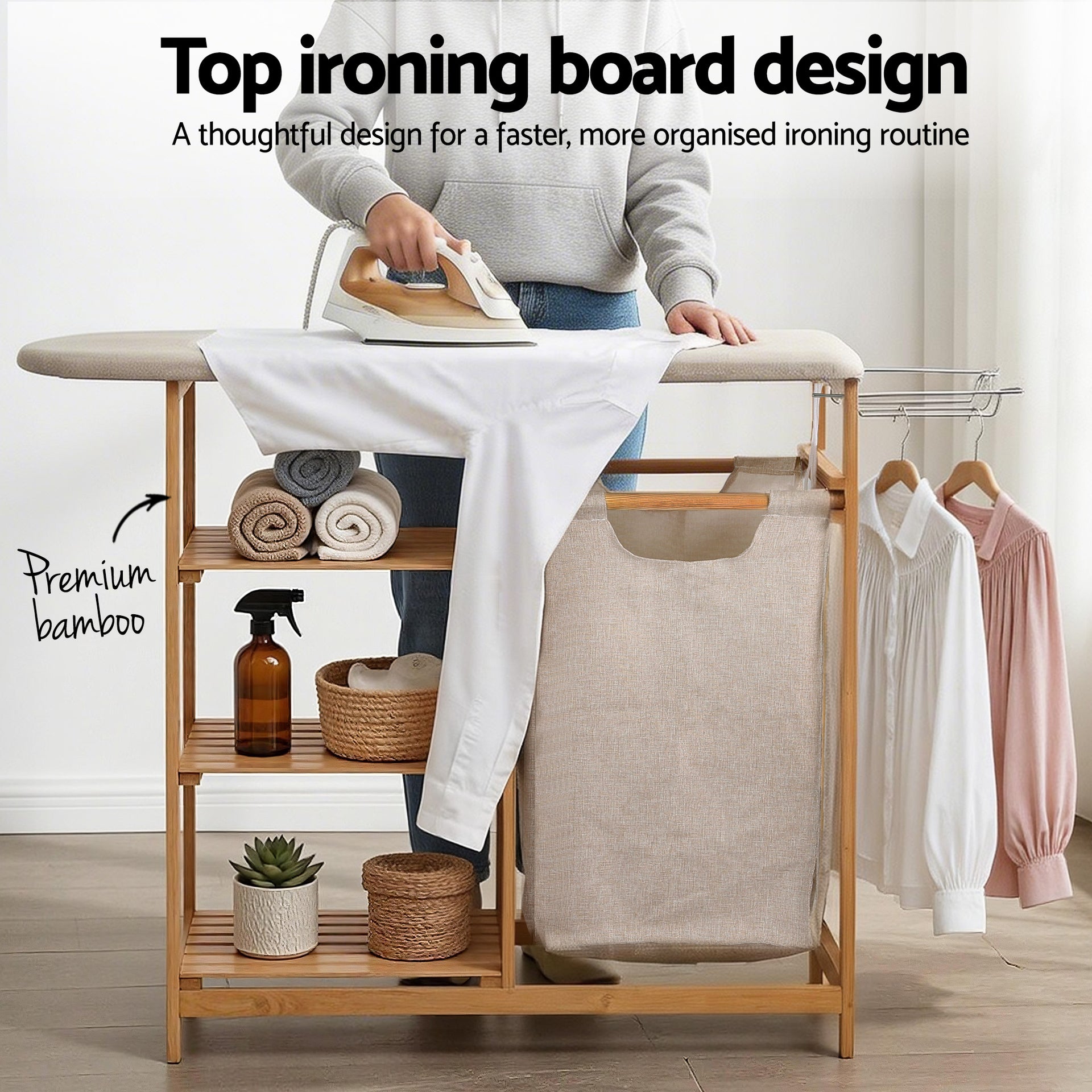 Artiss Laundry Basket Hamper with Ironing Board Bamboo Awezingly