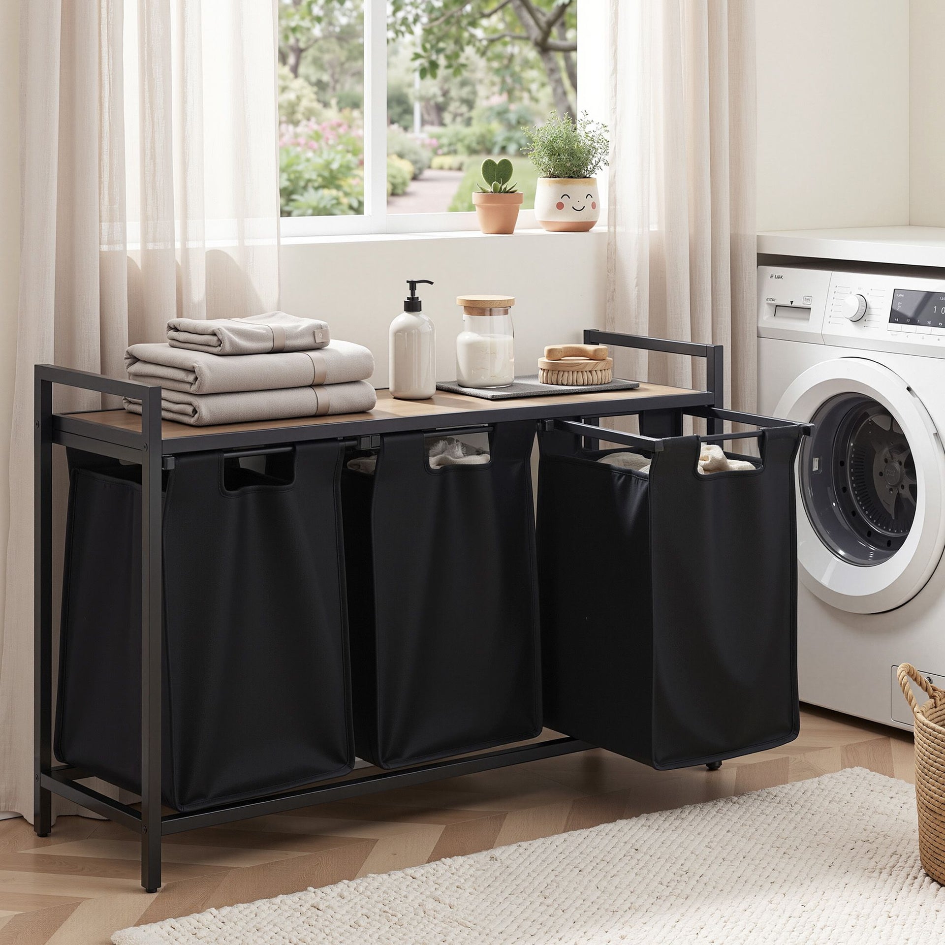 Artiss Laundry Basket with 3 Pull-out Bags Metal Frame Black Awezingly