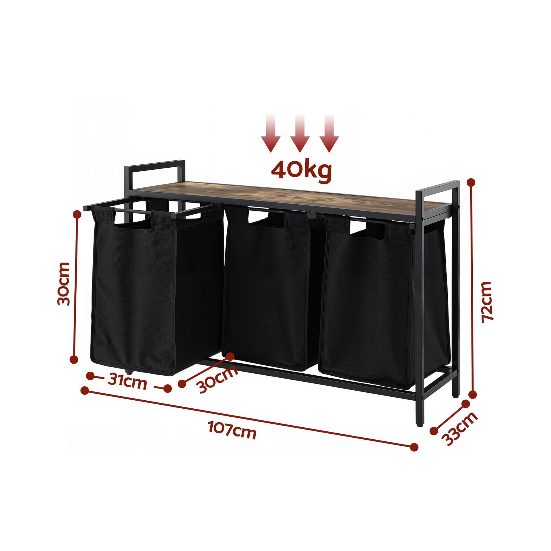 Artiss Laundry Basket with 3 Pull-out Bags Metal Frame Black Awezingly