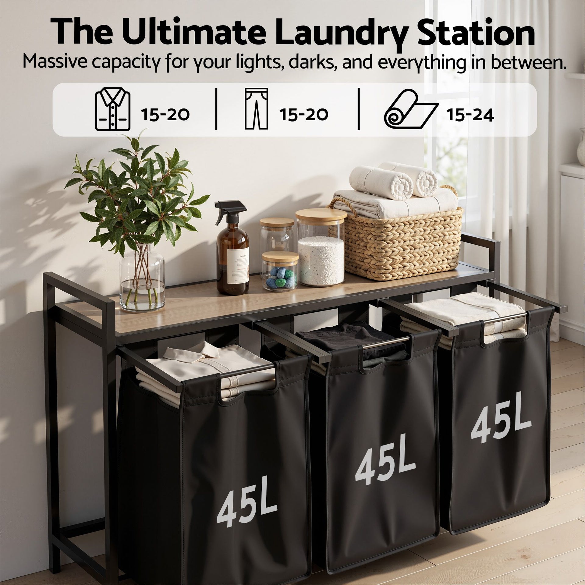 Artiss Laundry Basket with 3 Pull-out Bags Metal Frame Black Awezingly