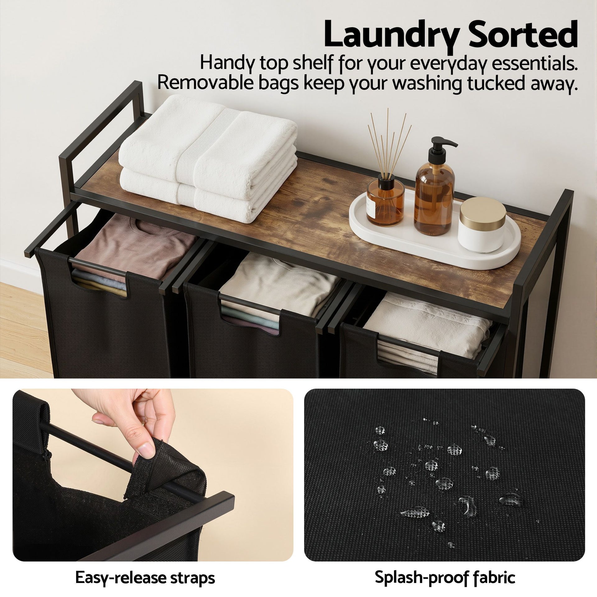 Artiss Laundry Basket with 3 Pull-out Bags Metal Frame Black Awezingly