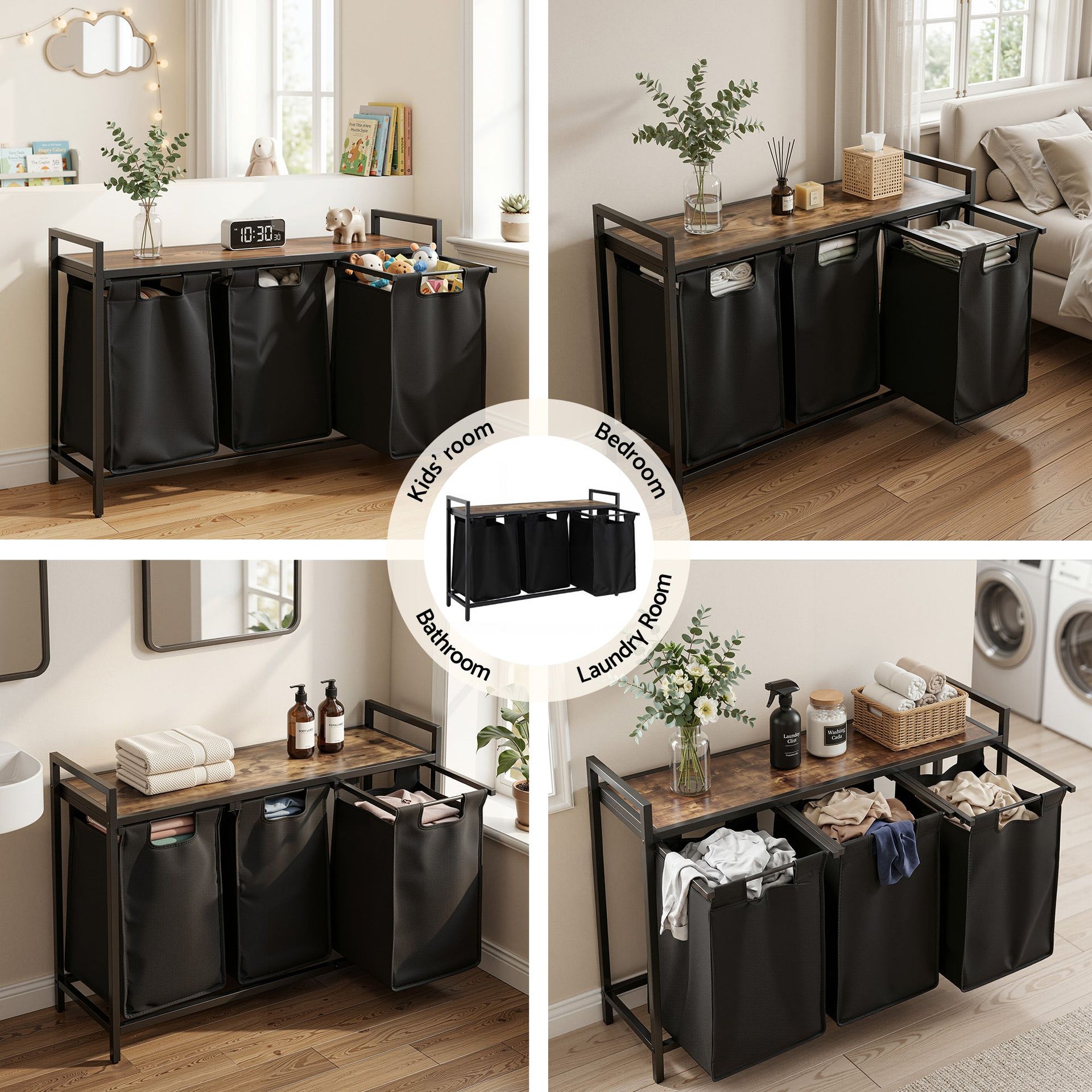 Artiss Laundry Basket with 3 Pull-out Bags Metal Frame Black Awezingly