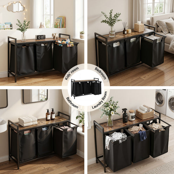 Artiss Laundry Basket with 3 Pull-out Bags Metal Frame Black Awezingly
