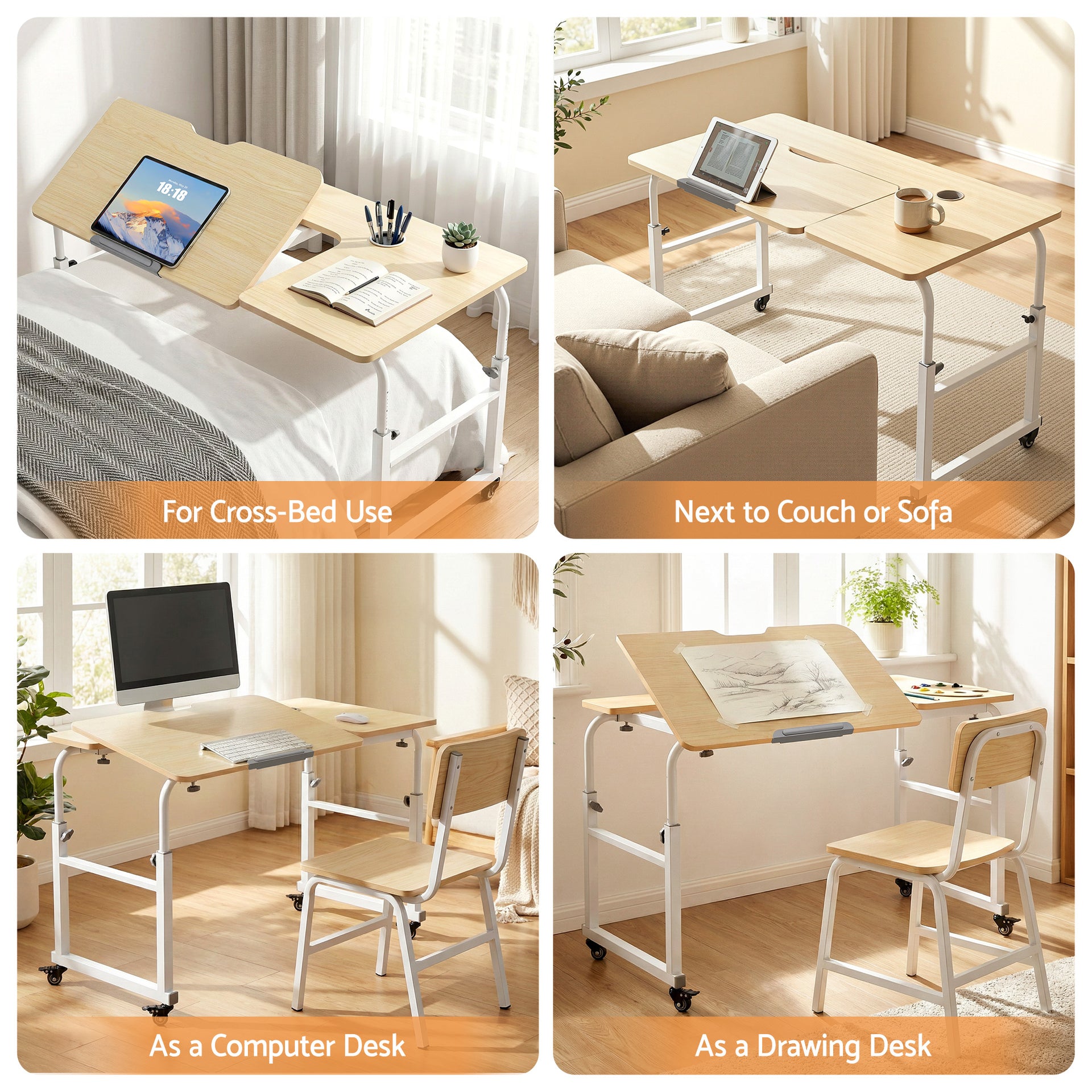 Artiss Mobile Laptop Desk Overbed Table Adjustable Computer Stand Bedside Cart Awezingly