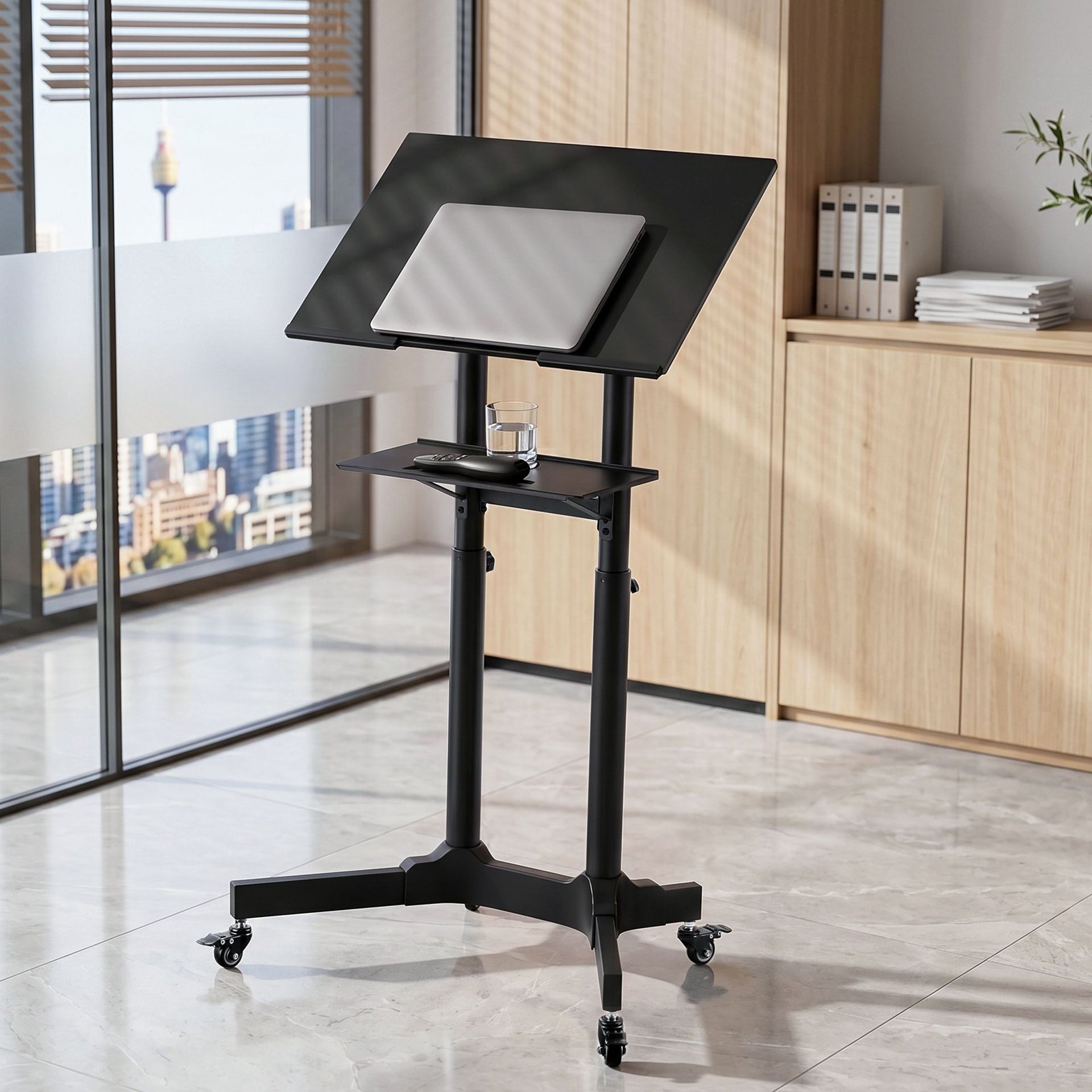 Artiss Mobile Lectern Stand, Adjustable Sit-to-Stand Presentation Podium w/ Wheels Black Artiss