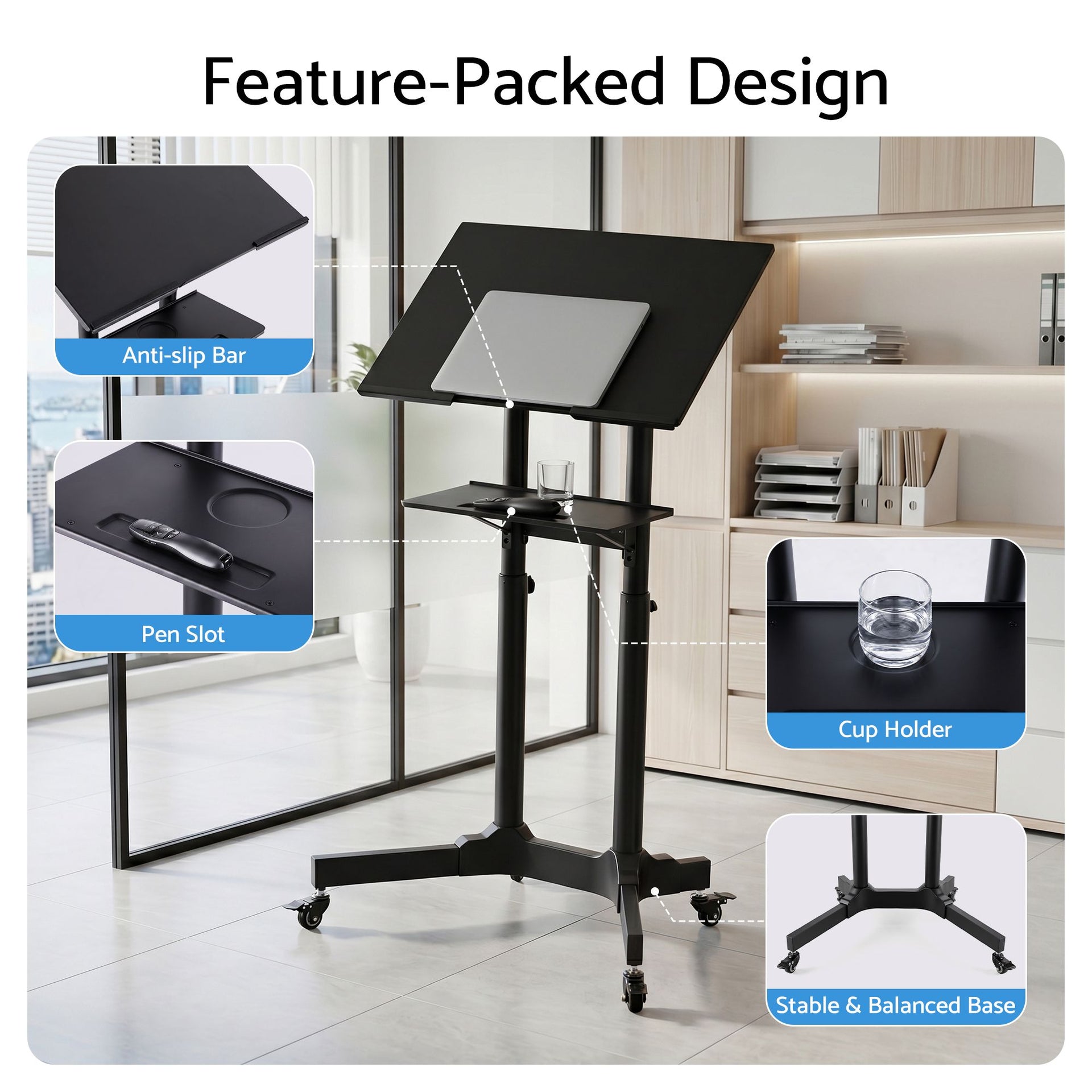 Artiss Mobile Lectern Stand, Adjustable Sit-to-Stand Presentation Podium w/ Wheels Black Artiss