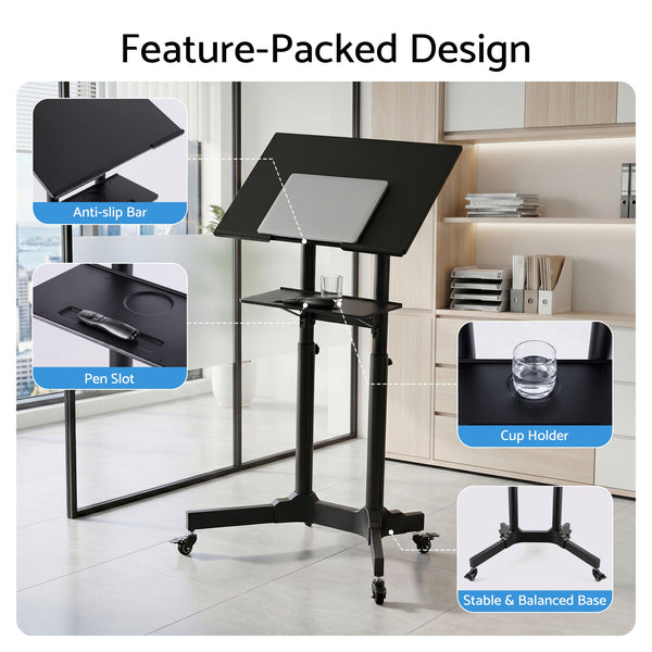 Artiss Mobile Lectern Stand, Adjustable Sit-to-Stand Presentation Podium w/ Wheels Black Artiss